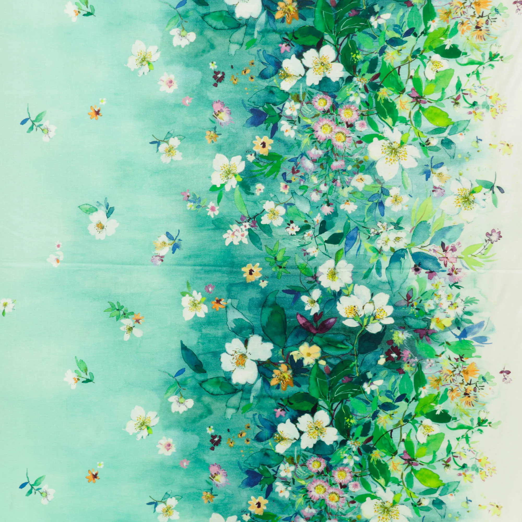 Katoen turquoise met bloemen