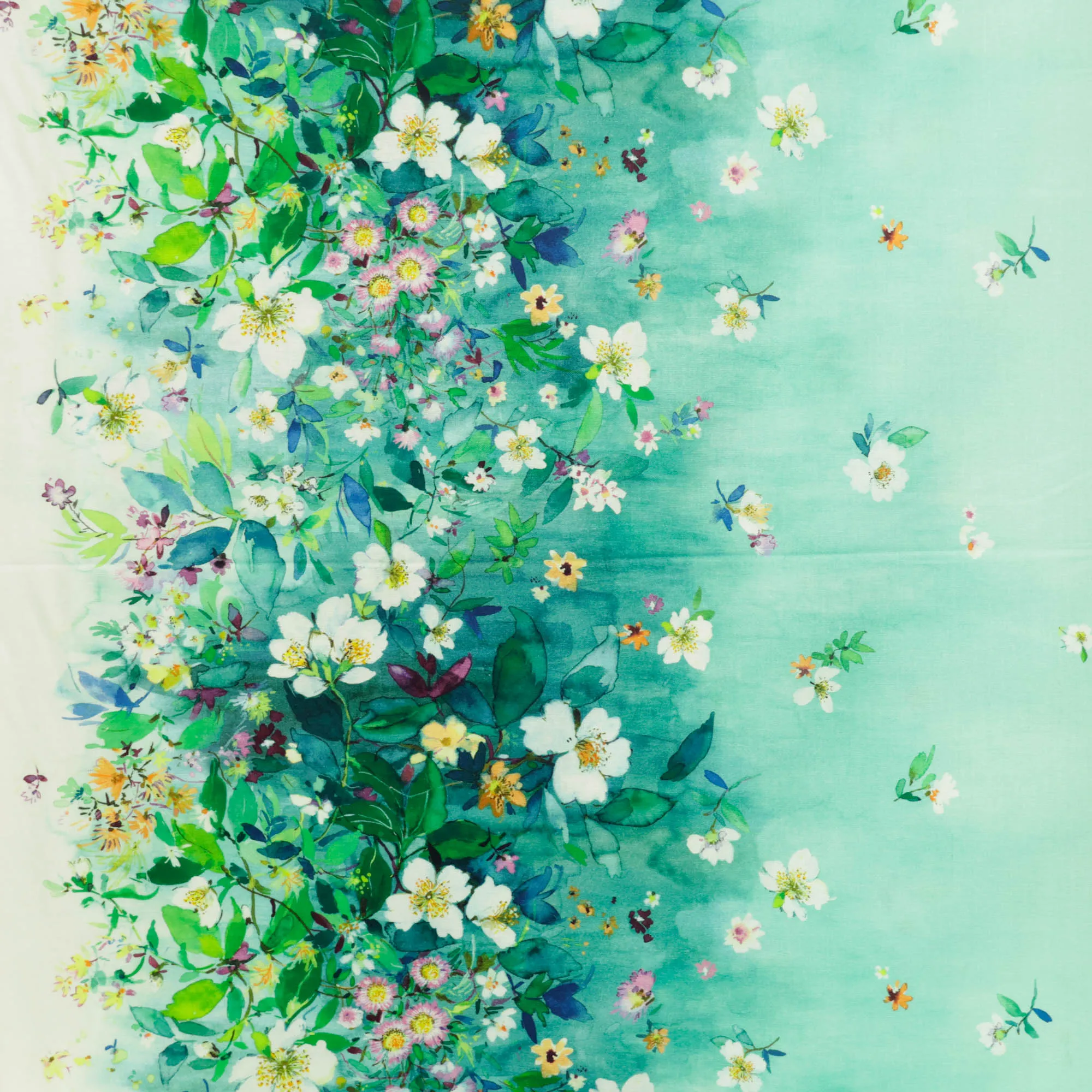 Katoen turquoise met bloemen