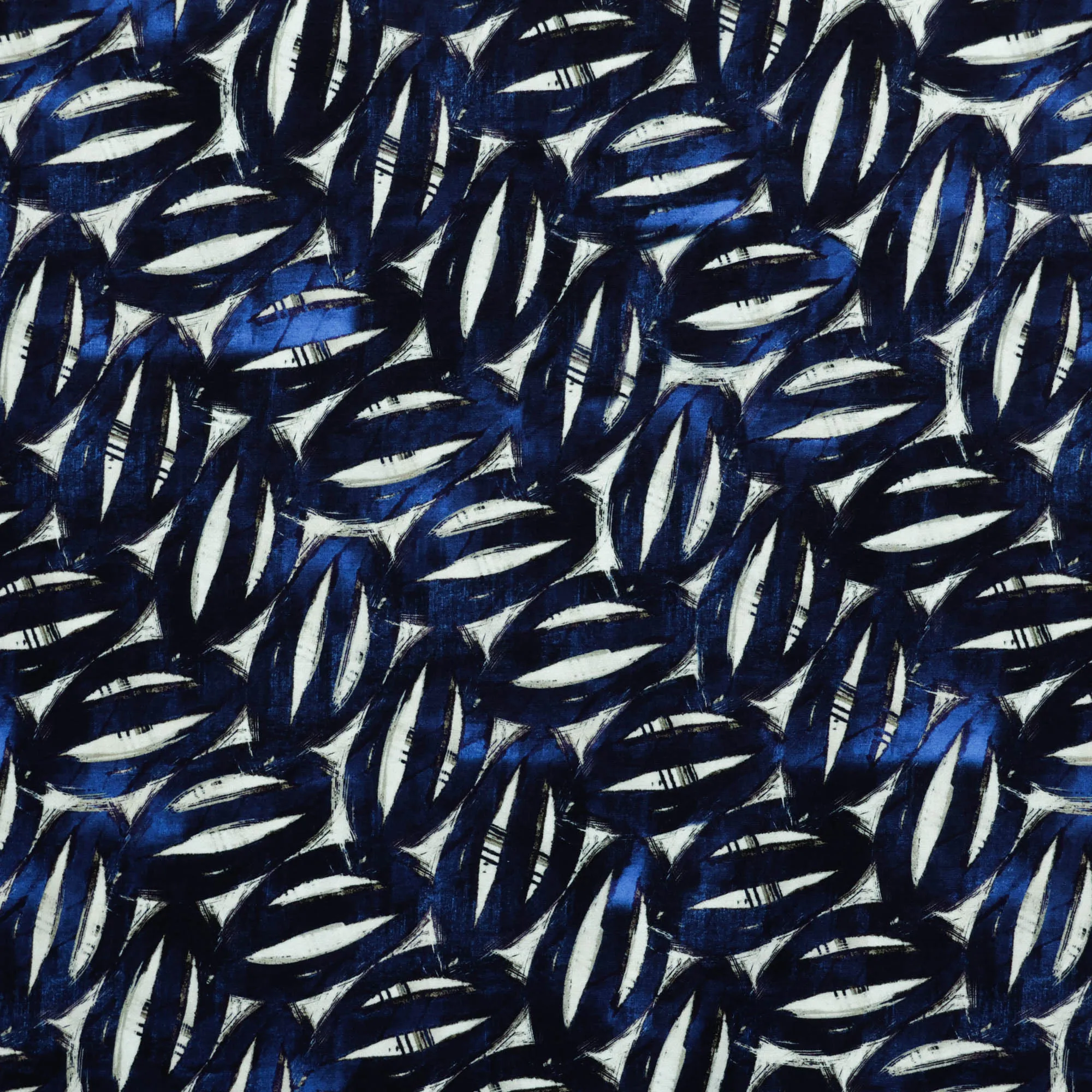 Viscose tricot ecru met blauw patroon