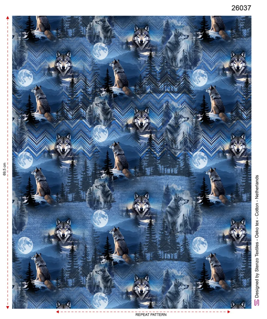 French terry gebrusht blauw met wolven 'Dark Forest'