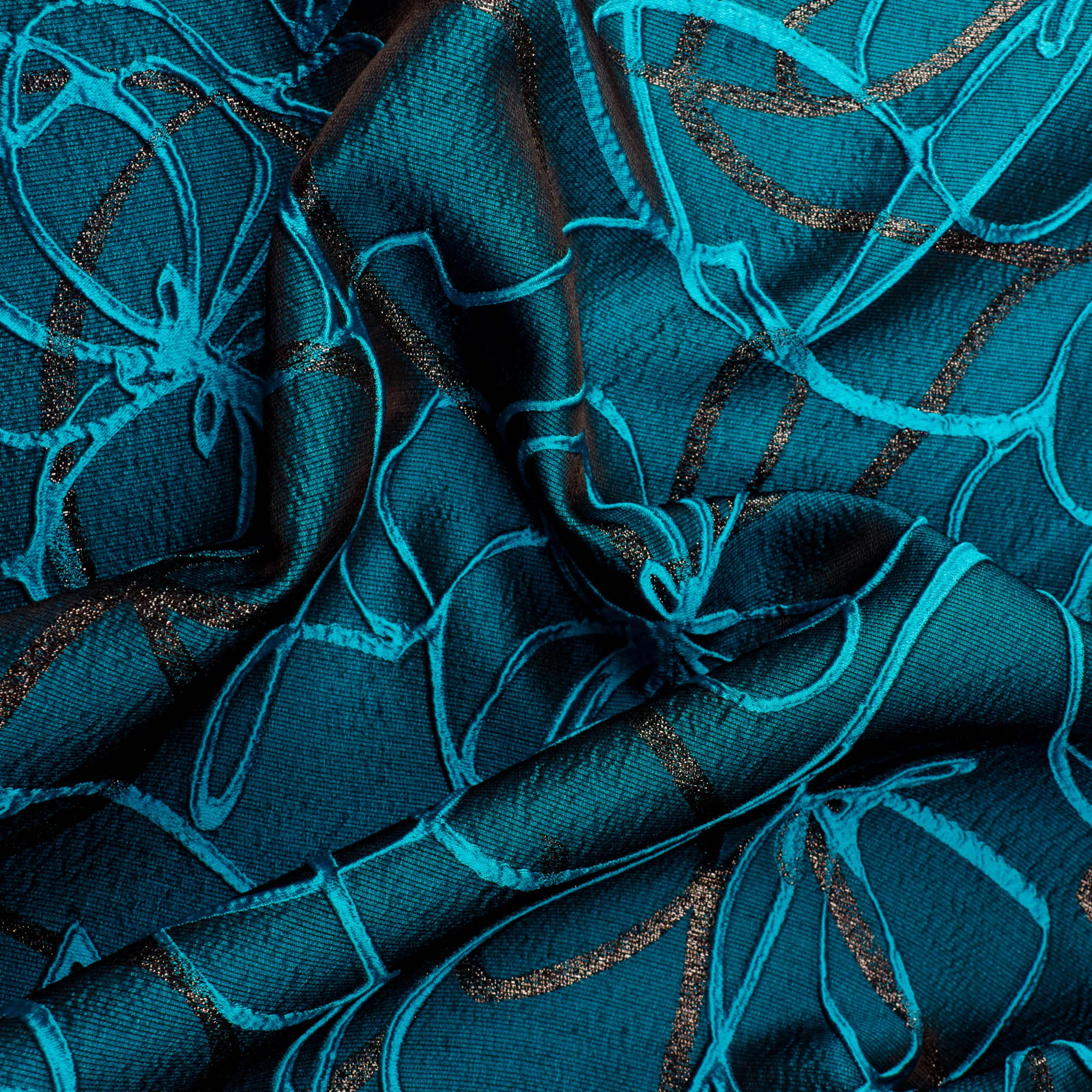Jacquard donker aqua met abstracte bloemen  - Lorré