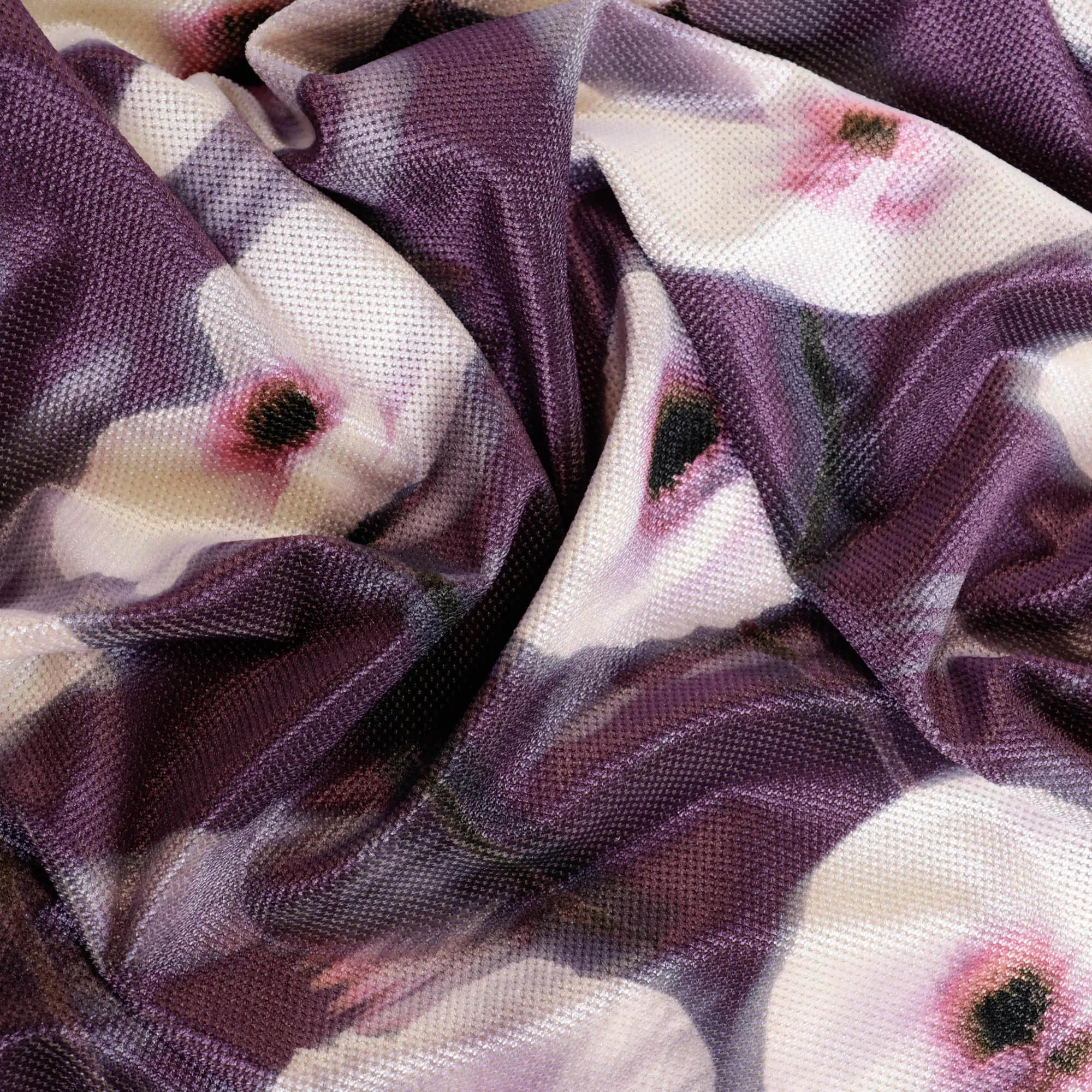 Fluweel tricot/velour donkerpaars met vage bloemen