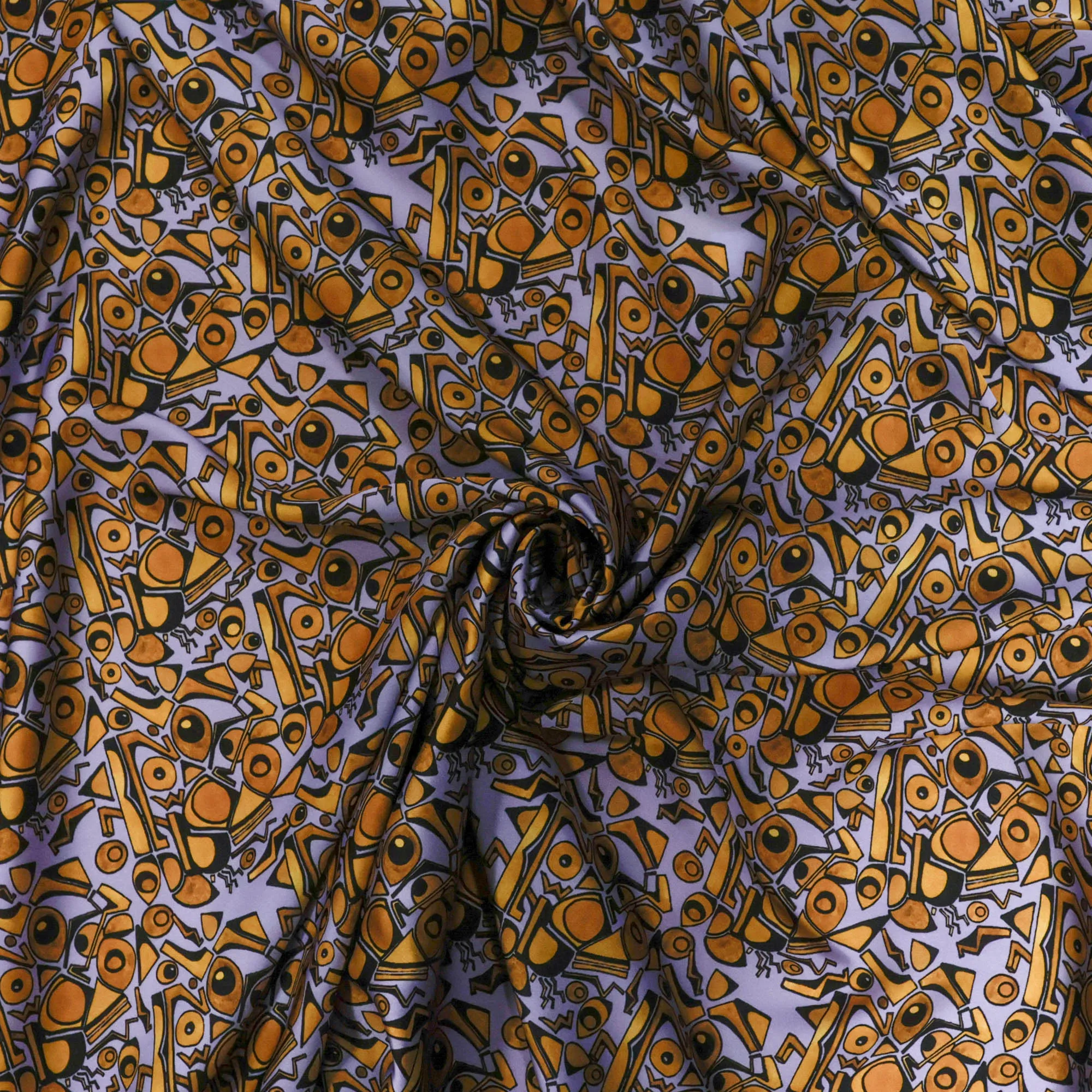 Polyester satijn lila met oker print - Lorré