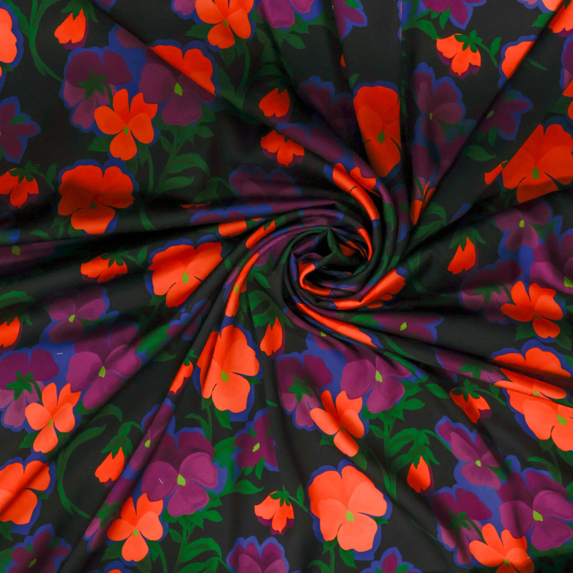 Polyester satijn donkerblauw met bloemen - Lorré