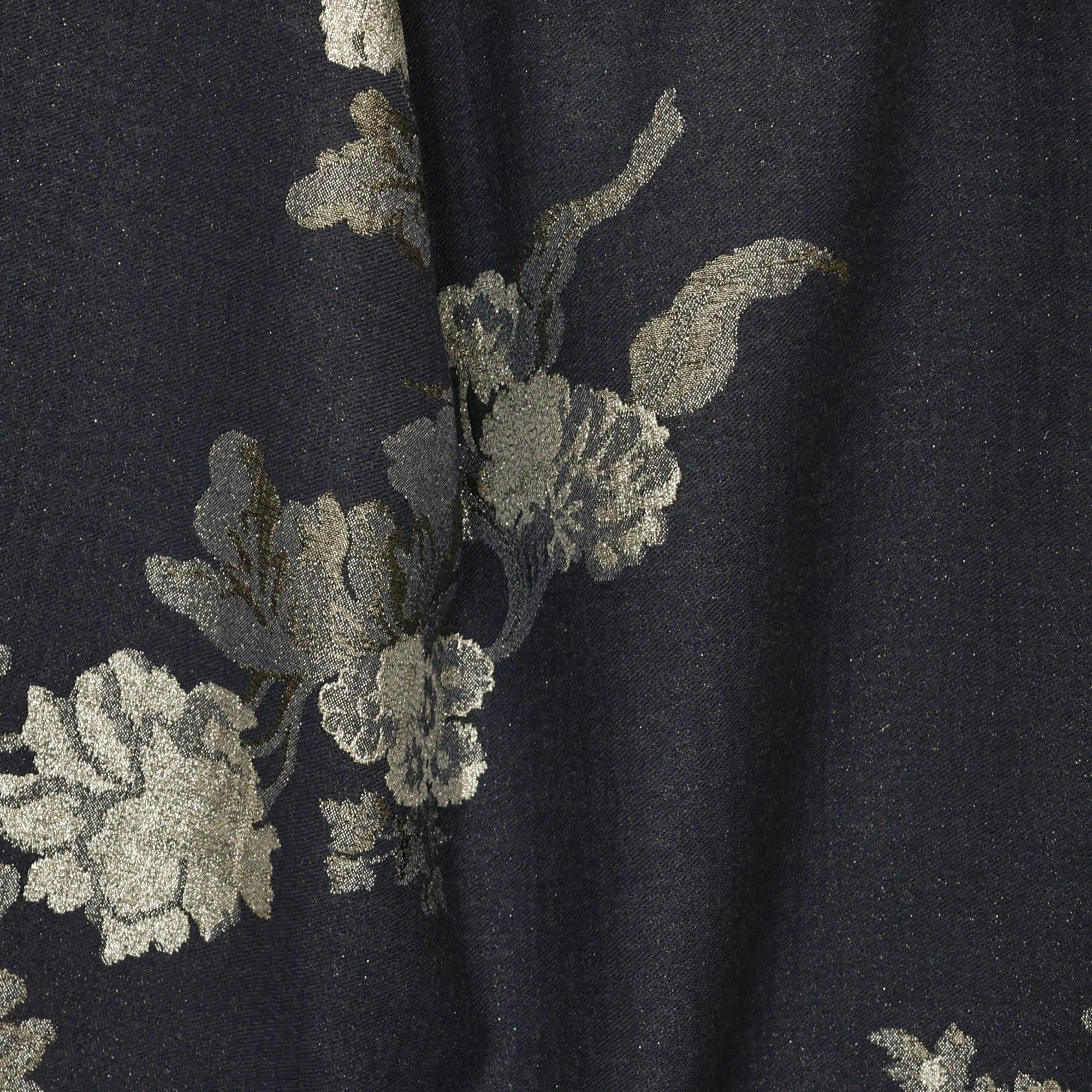 Paneel jacquard blauw met glitter en zilveren bloemen - Knipmode
