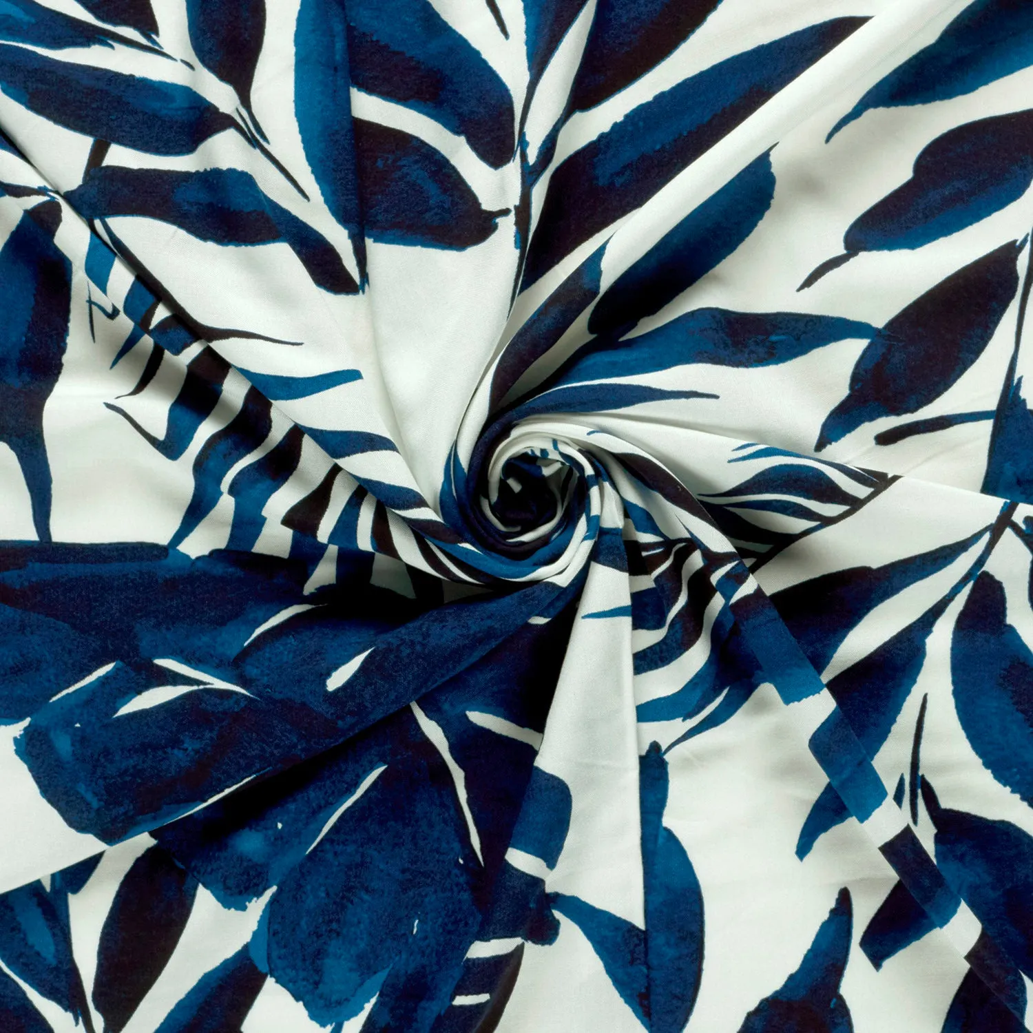 Viscose Poplin stof bedrukt Bladeren Blauw - My Image