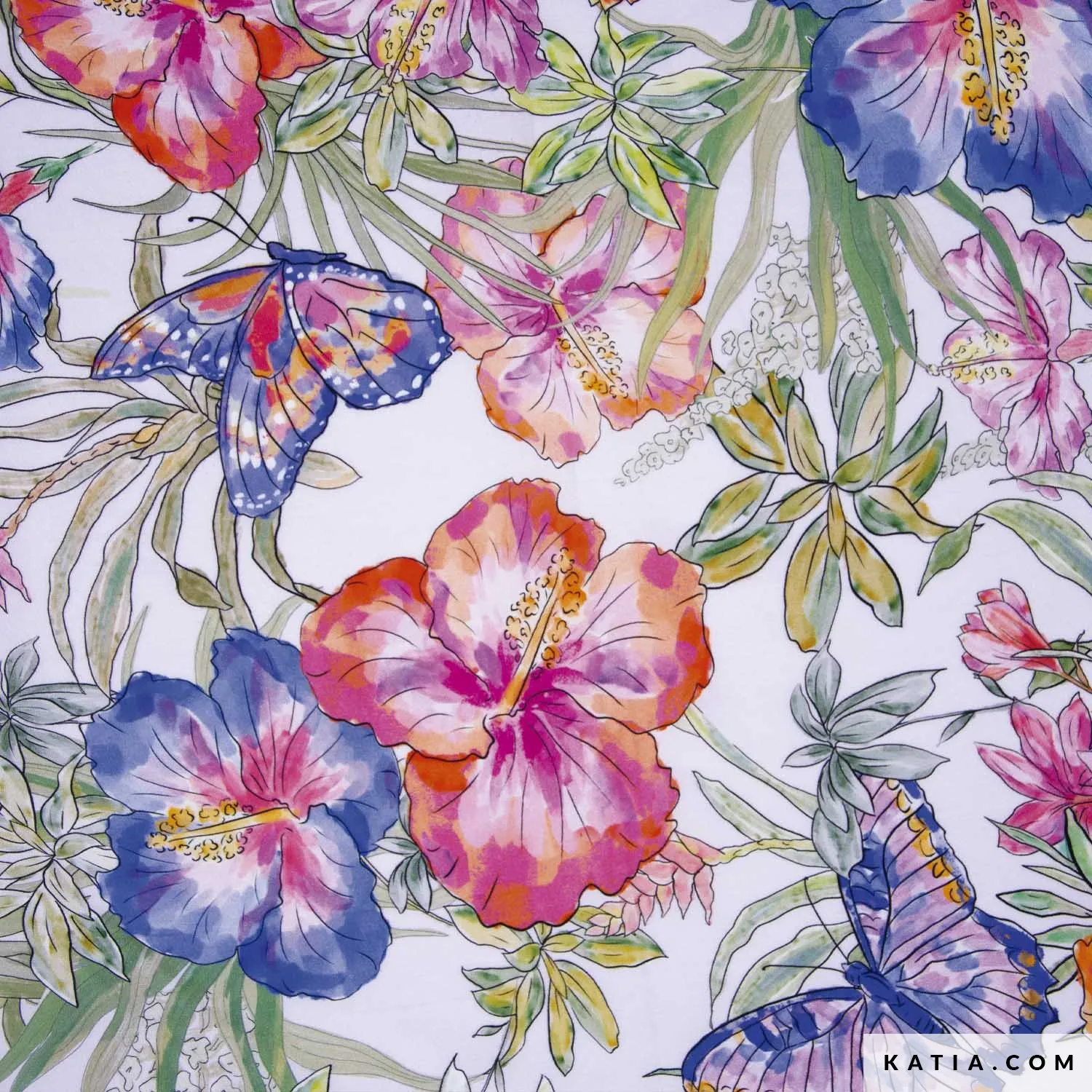 Viscose wit met bloemen en vlinders - Katia