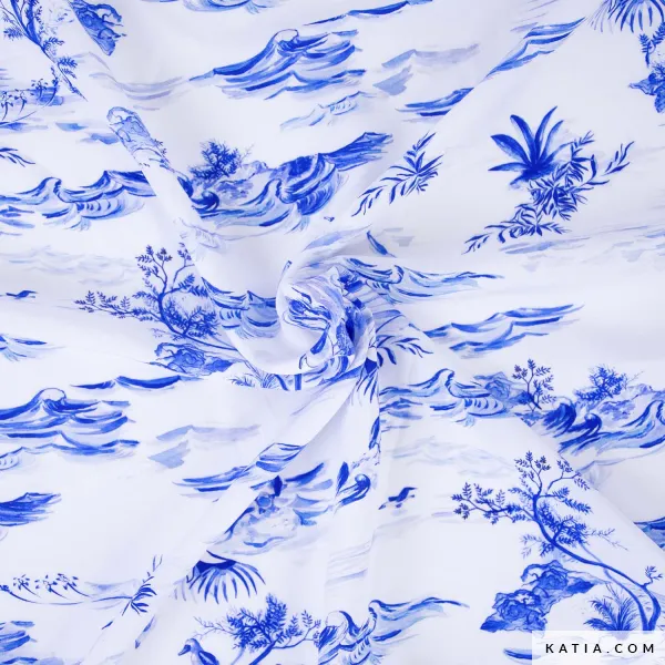 Viscose wit met blauw patroon - Katia