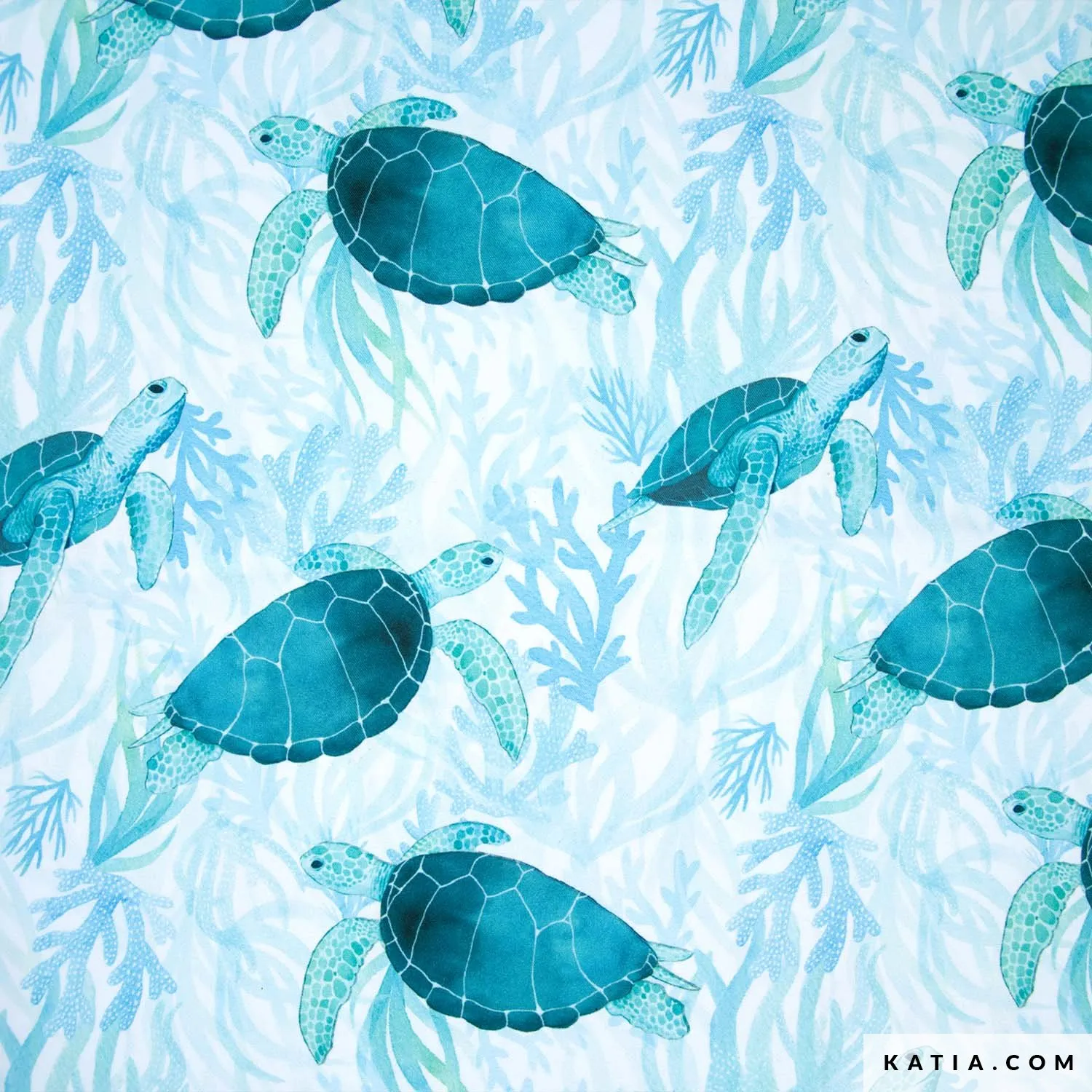 Polyester turquoise met schildpadden - Katia