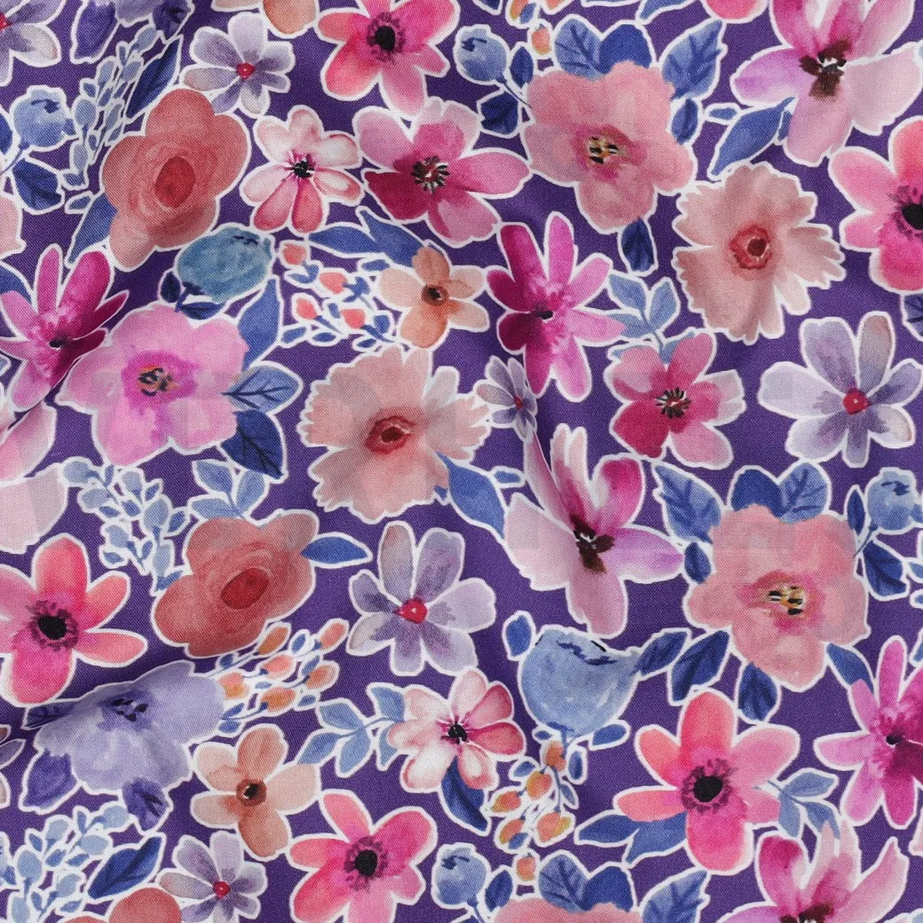 Popeline paars met bloemenprint - Poppy