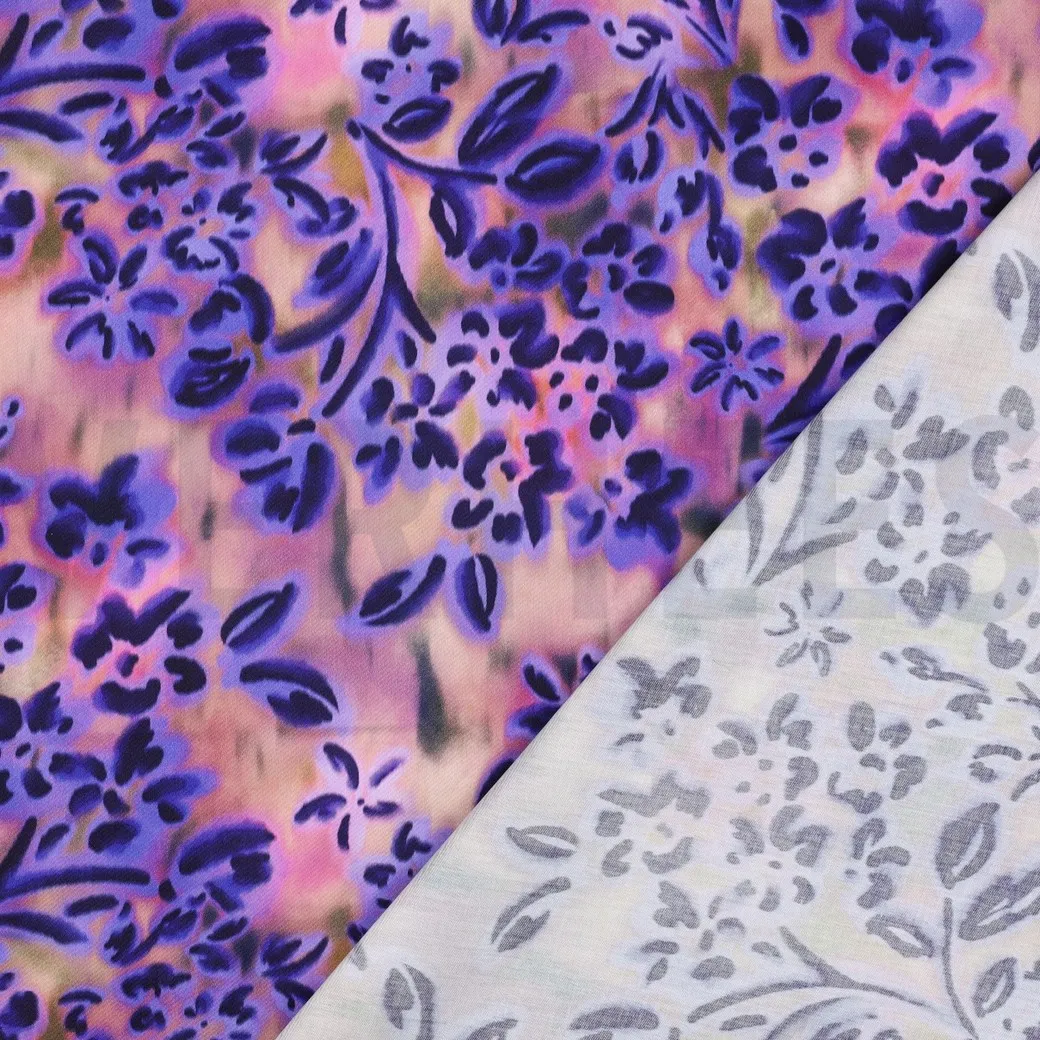 Popeline roze met paarse bloemen - Poppy