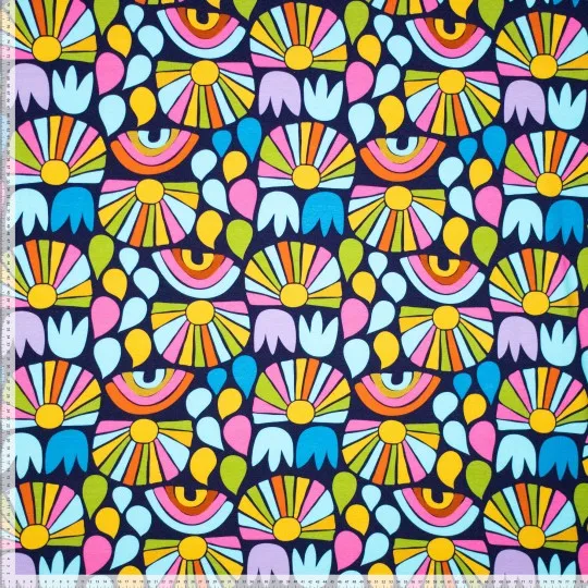 Tricot donkerblauw met kleurrijke zonnen en regenbogen - Korina + Kind