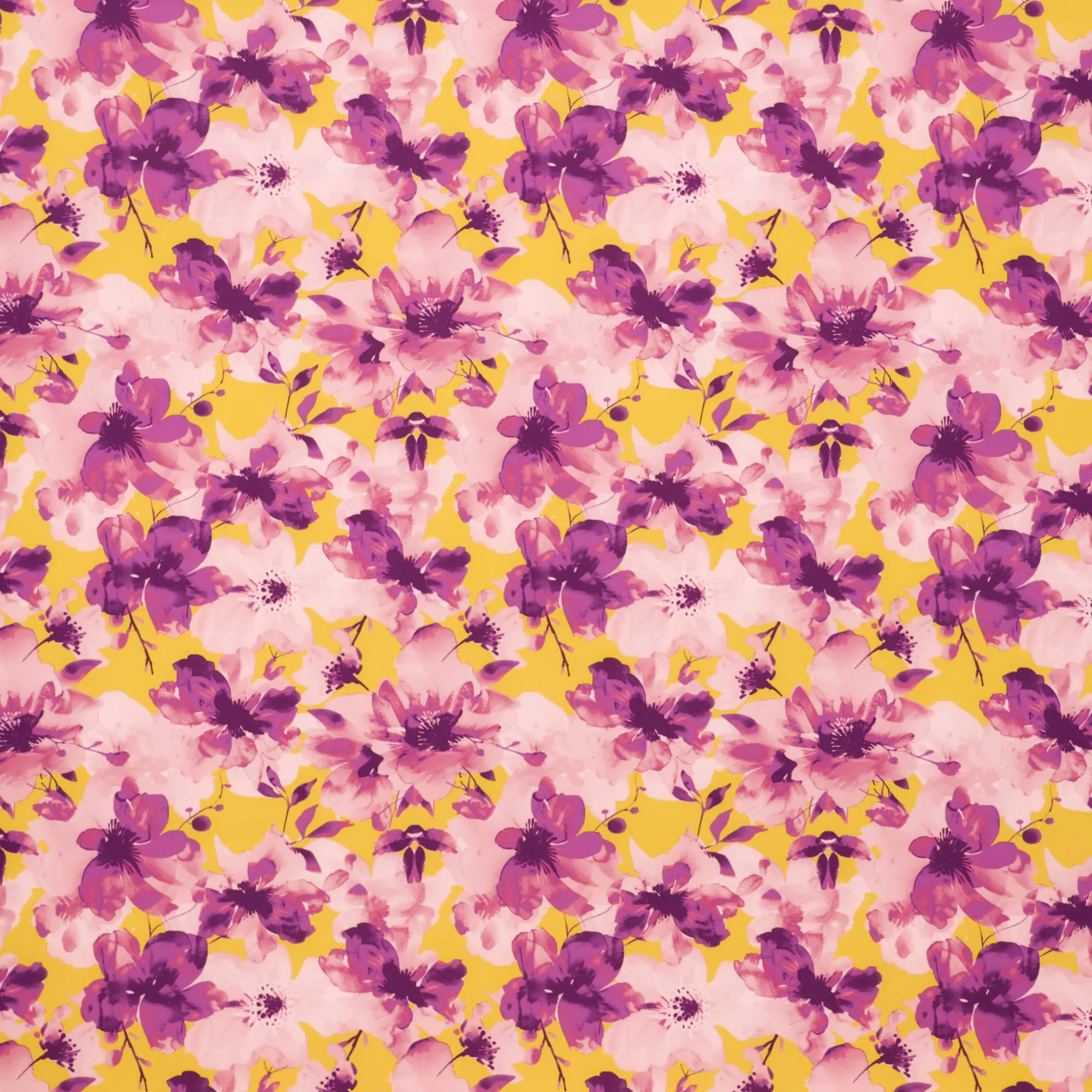 Polyester licht elastisch geel met paarse bloemen