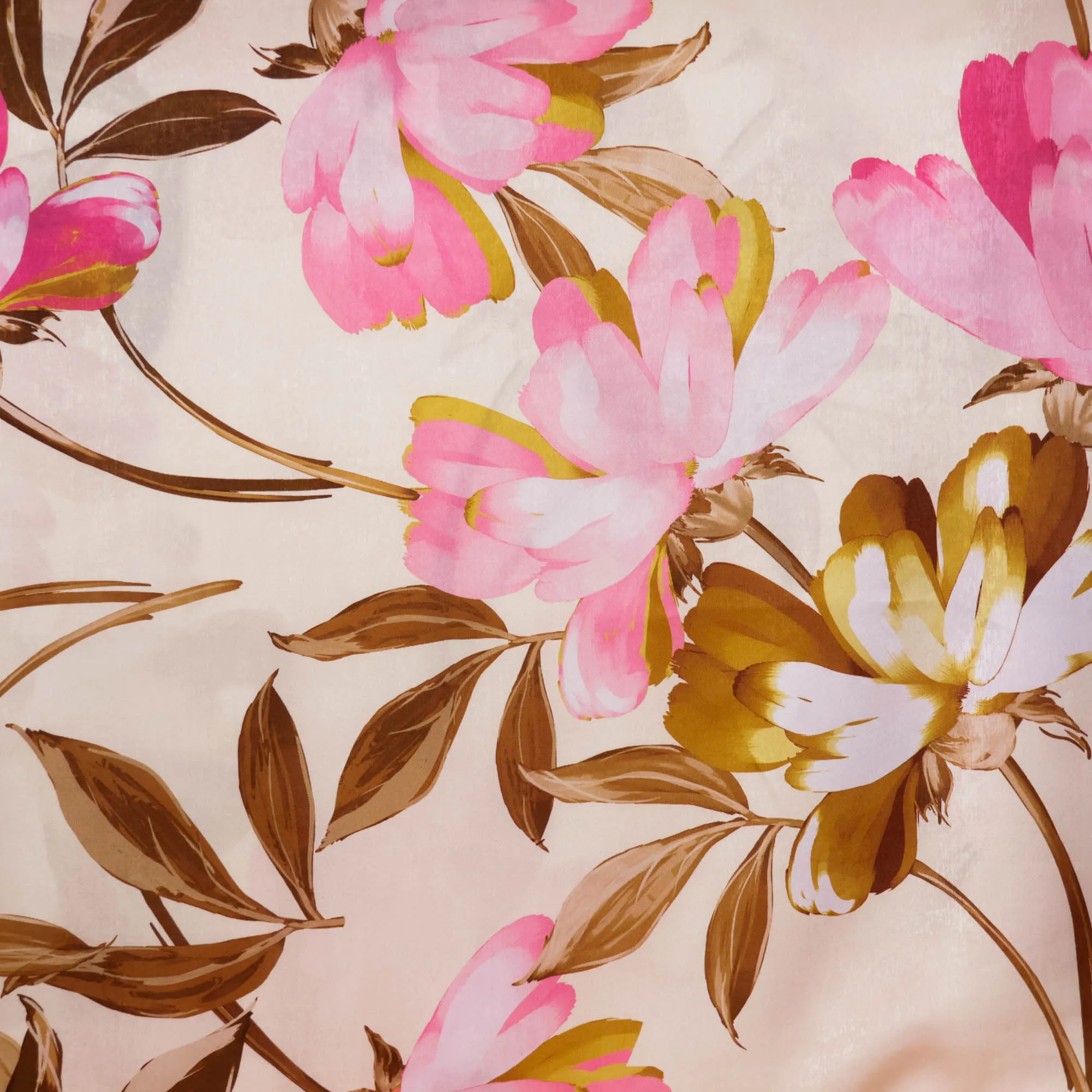 Satijn polyester beige met roze bloemen