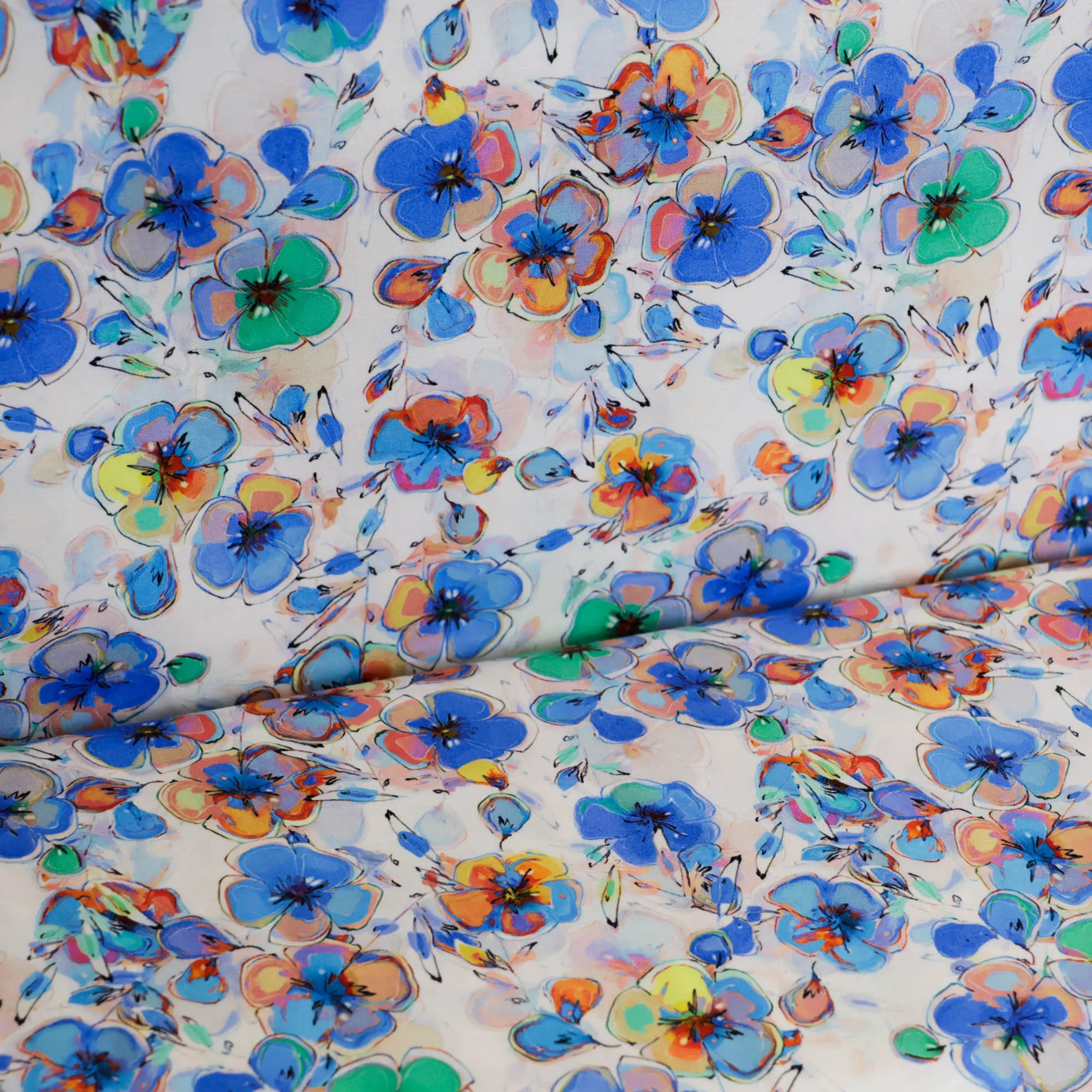 Popeline katoen blauwe bloemen