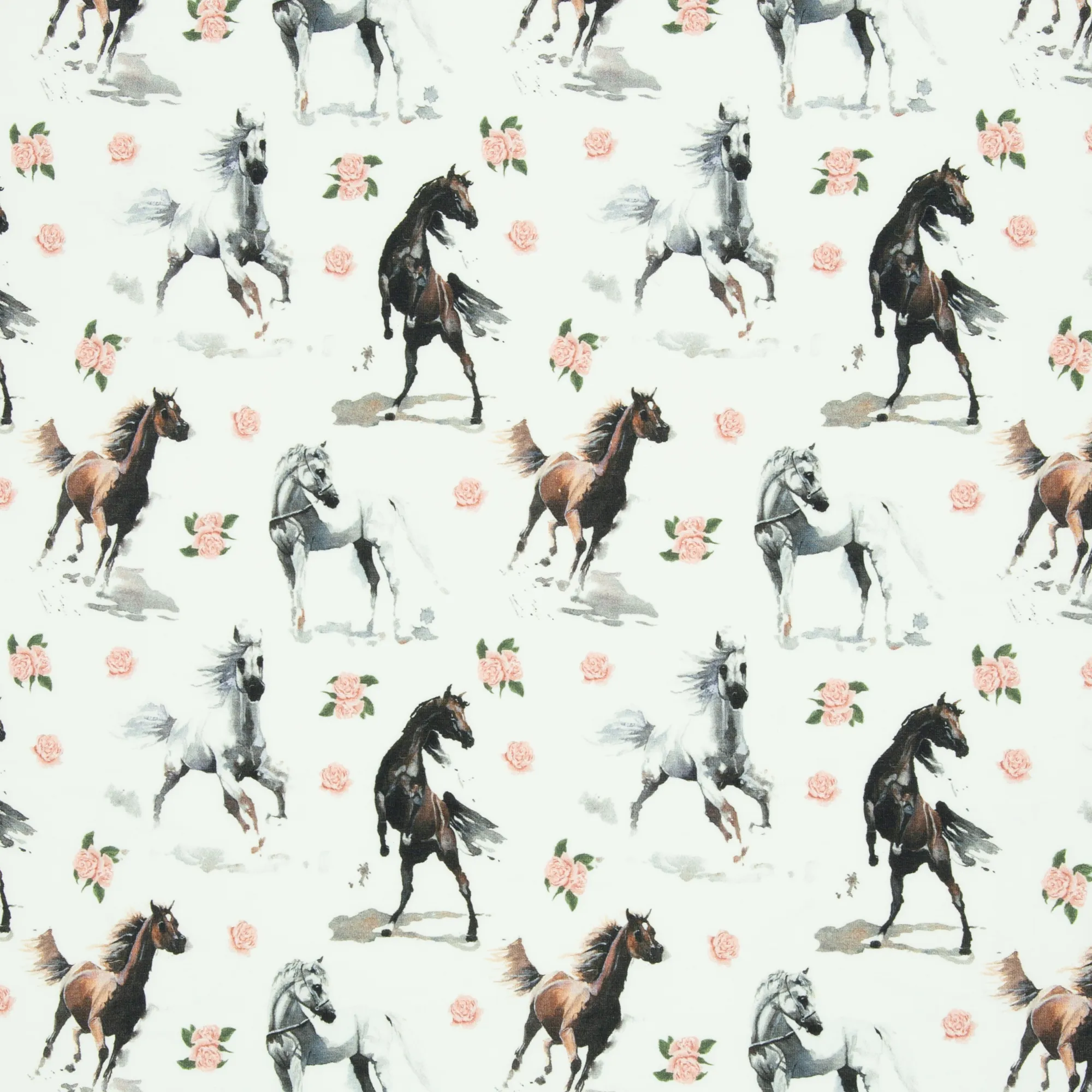 Tricot wit met paarden en bloemetjes