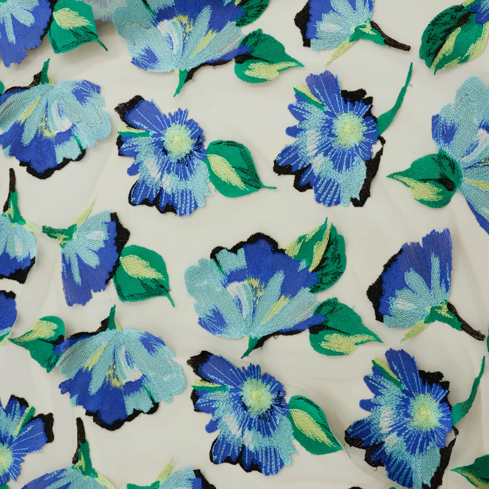 Tule kant broderie met grote bloemen in turquoise - Lorré