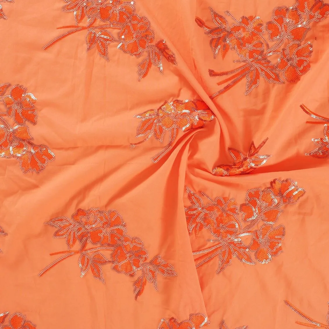 Katoen oranje geborduurd met pailletten bloemen - Lorré