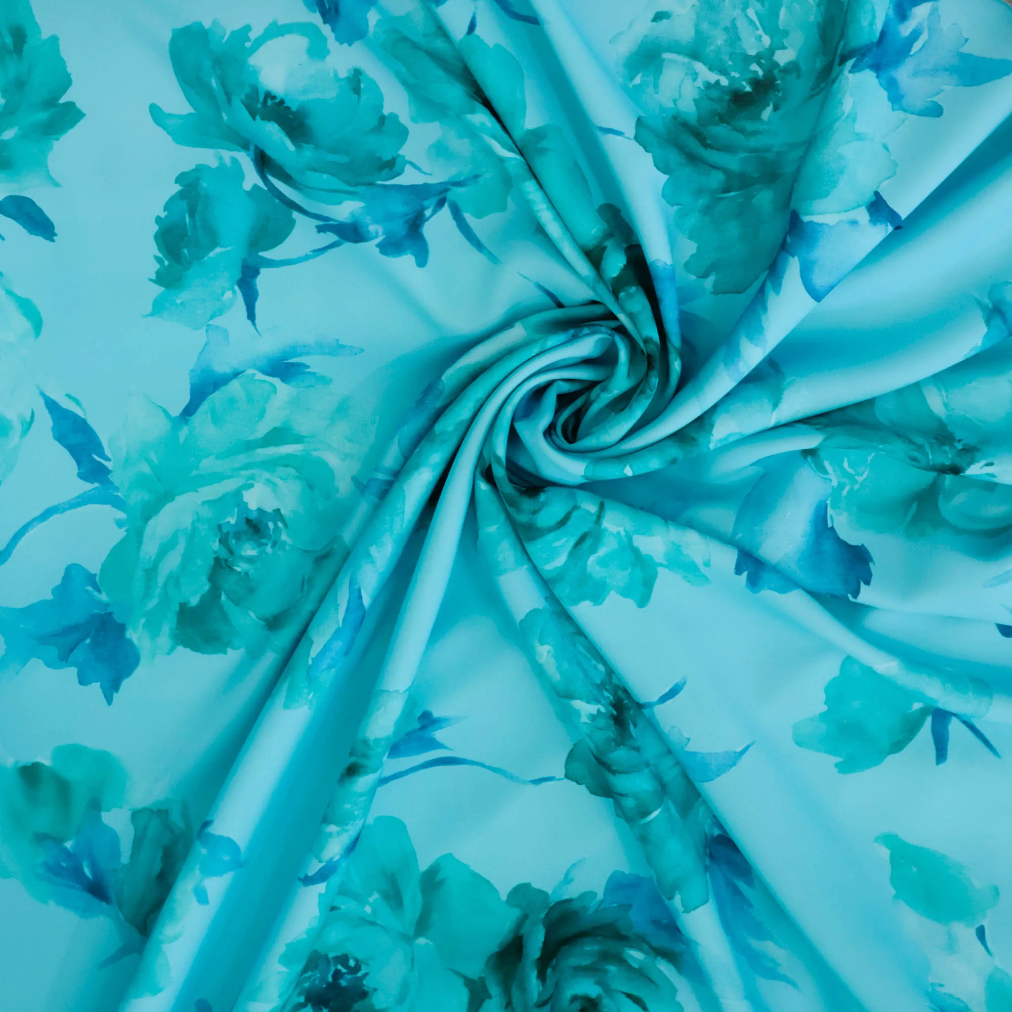 Polyester turquoise met bloemen - Lorré