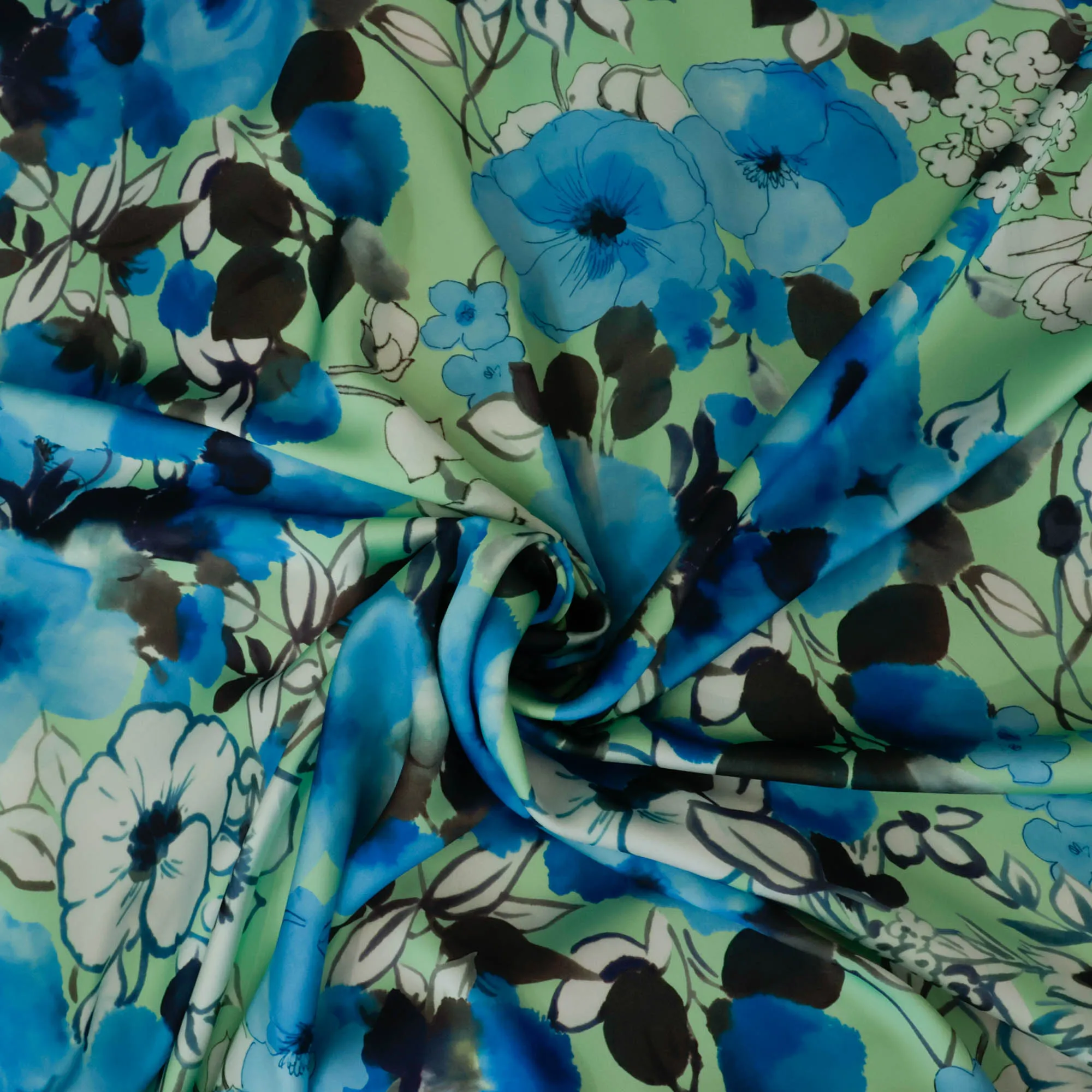 Polyester groen met blauwe bloemen - Lorré