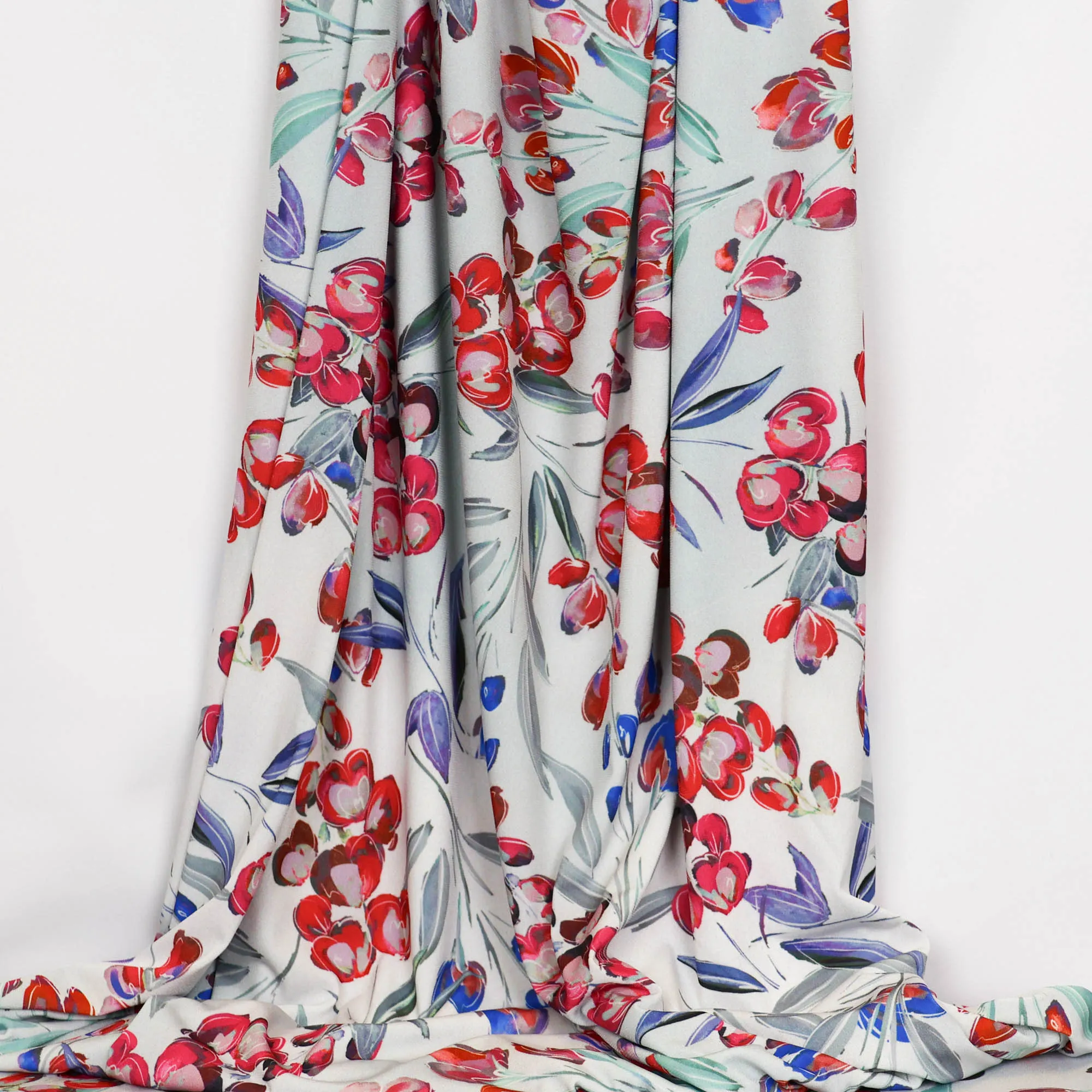 Tricot lichtgrijs met bloemenprint