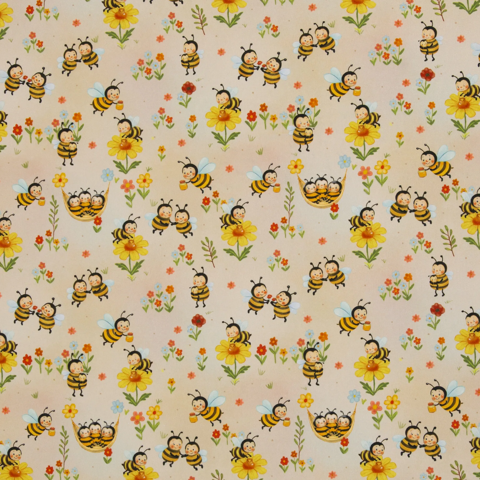 Katoen beige met bijtjes en bloemen