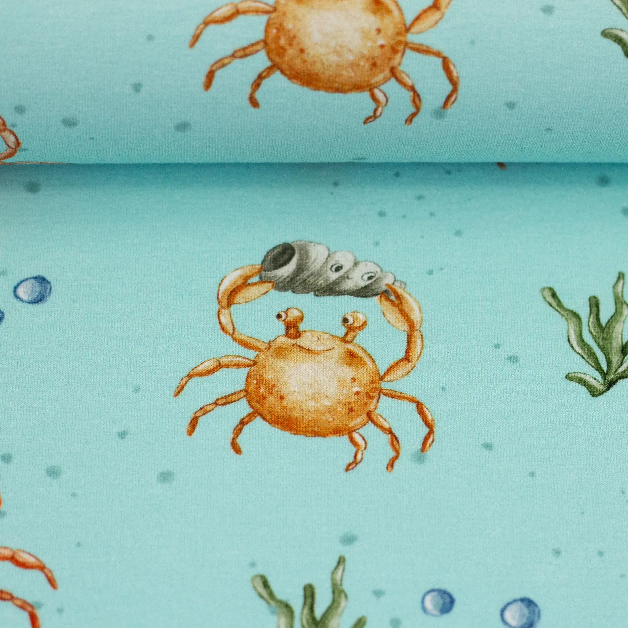 Tricot blauw met krabben 'Beach'