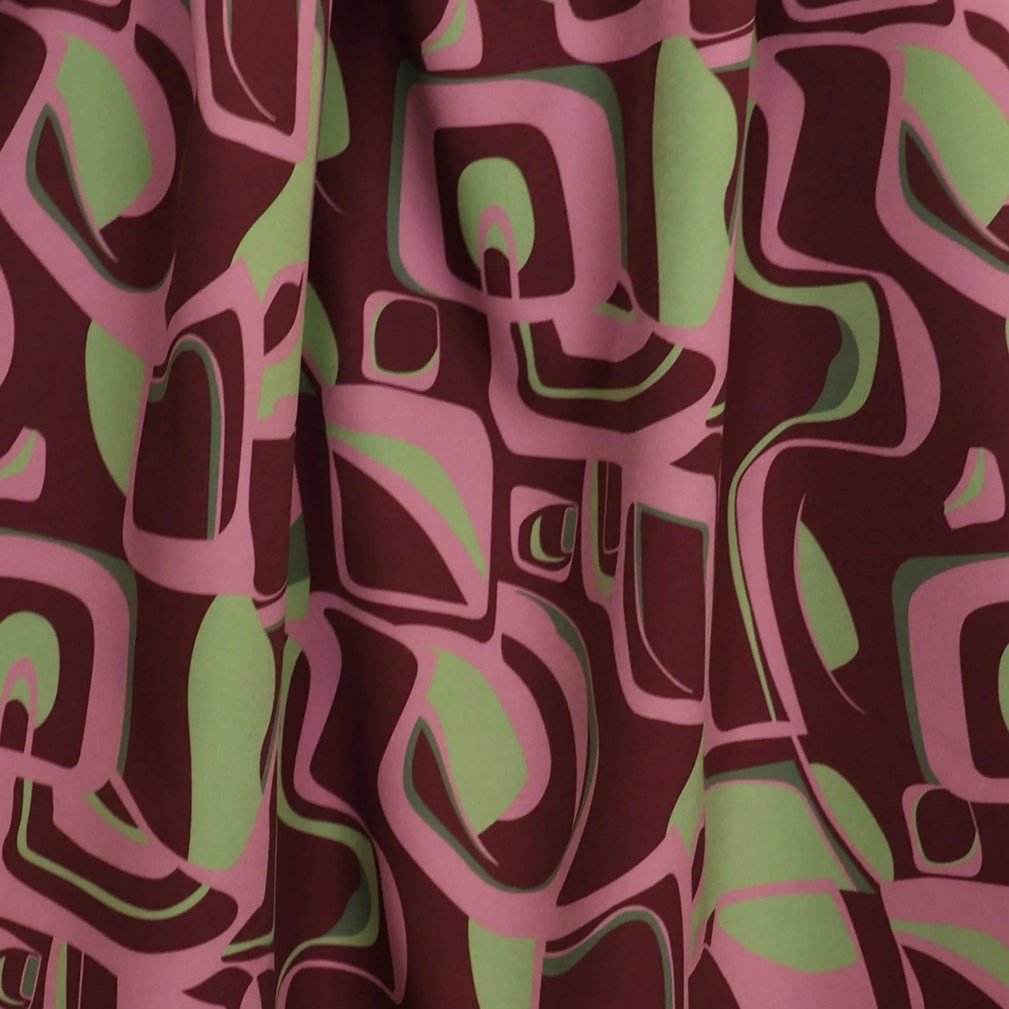 Stretch polyester bordeaux met gekleurd patroon- Knipmode