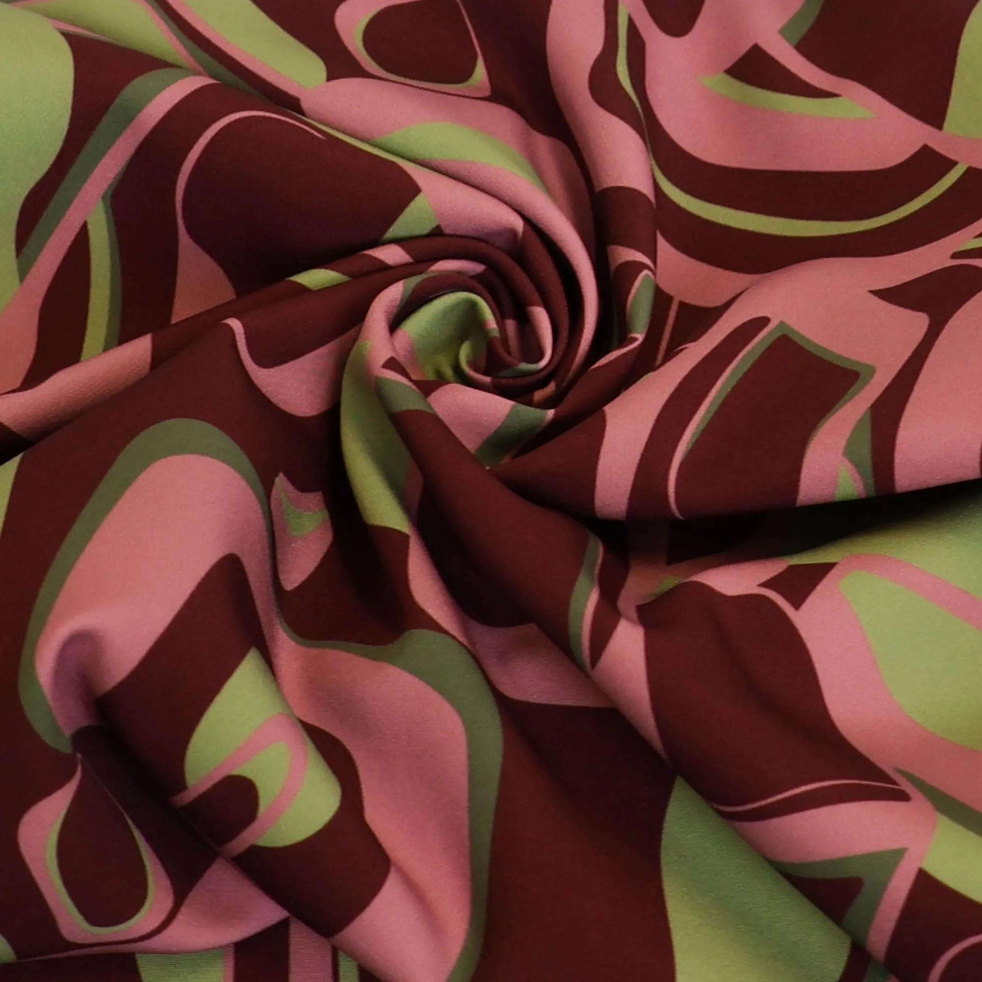 Stretch polyester bordeaux met gekleurd patroon- Knipmode