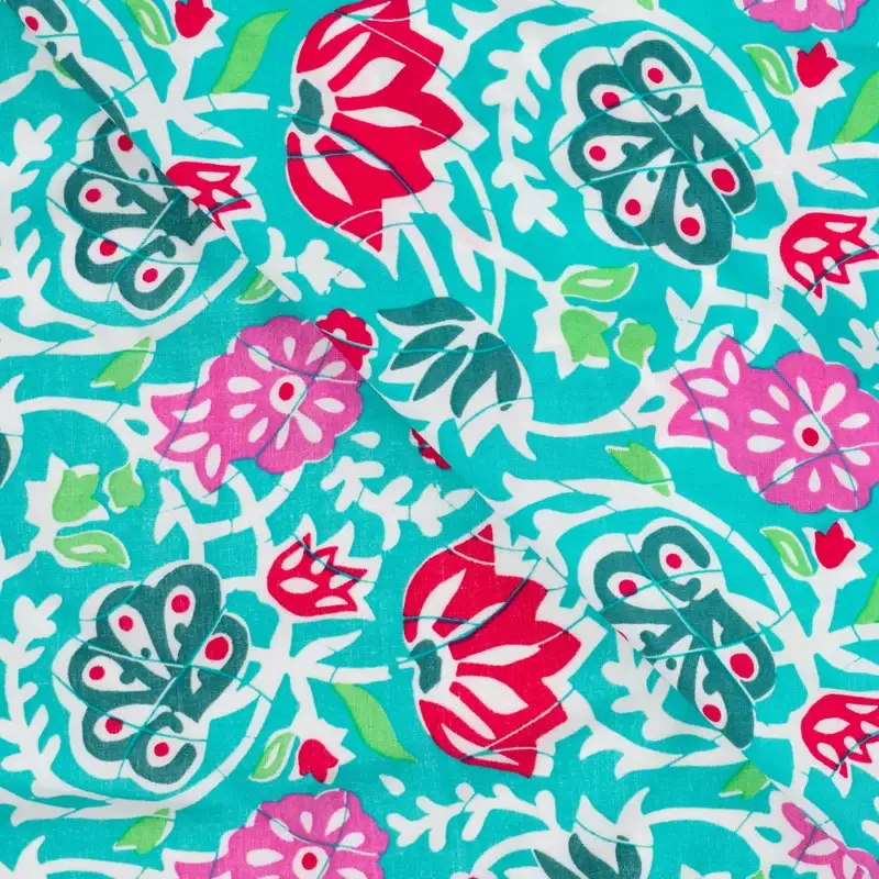 Viscose voile turquoise met bloemen