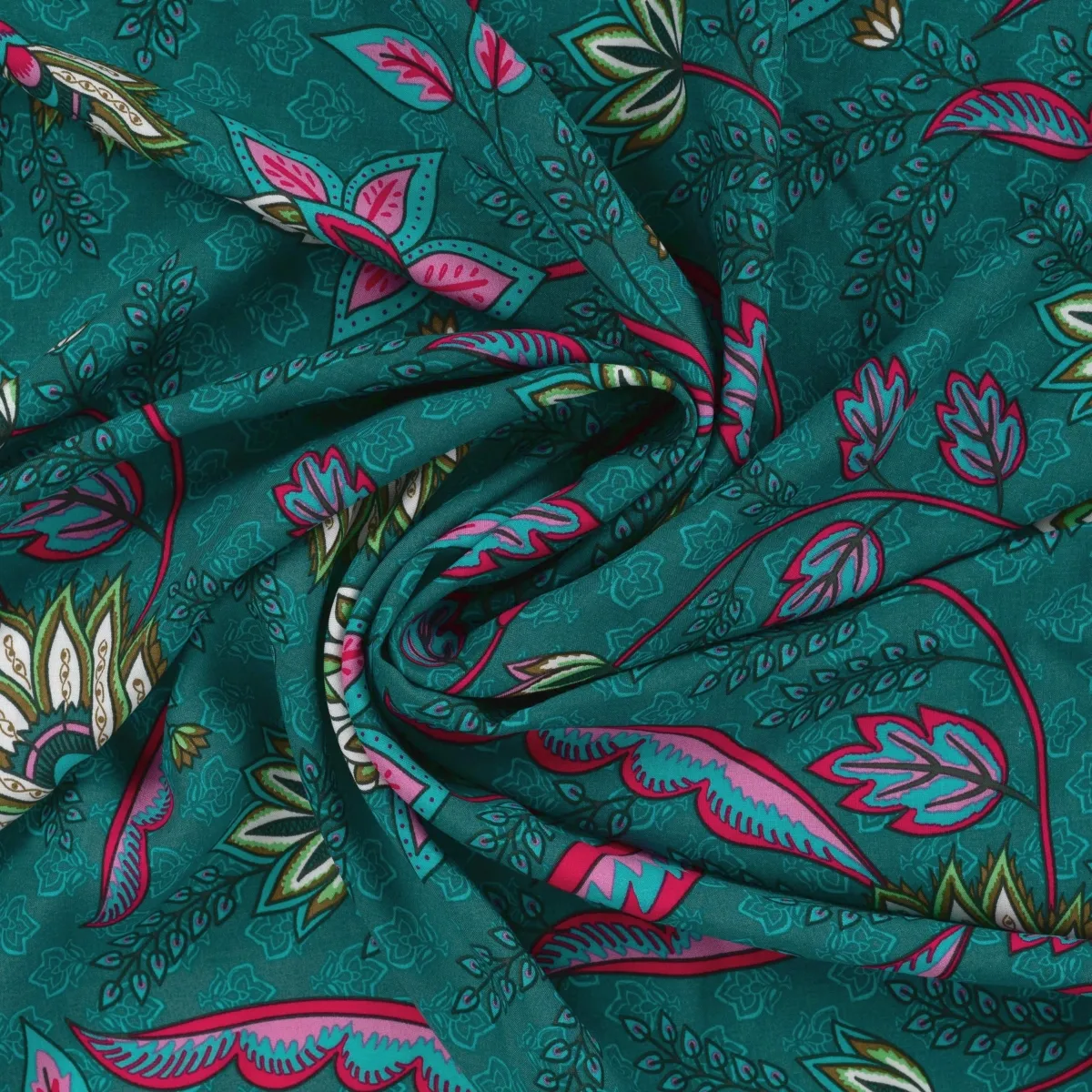 Viscose voile donker turquoise met bladeren