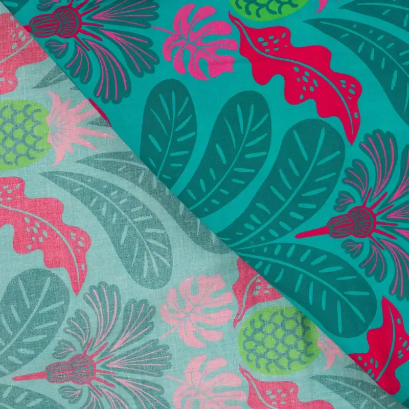 Viscose voile turquoise met bladeren