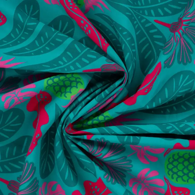 Viscose voile turquoise met bladeren