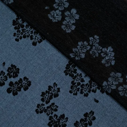 Jeans jacquard blauw met fluwelen bloemen