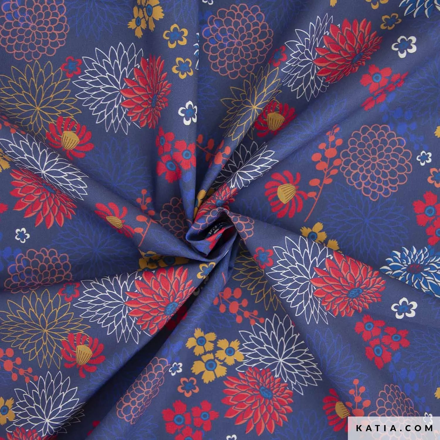 Popeline blauw met bloemen - Katia