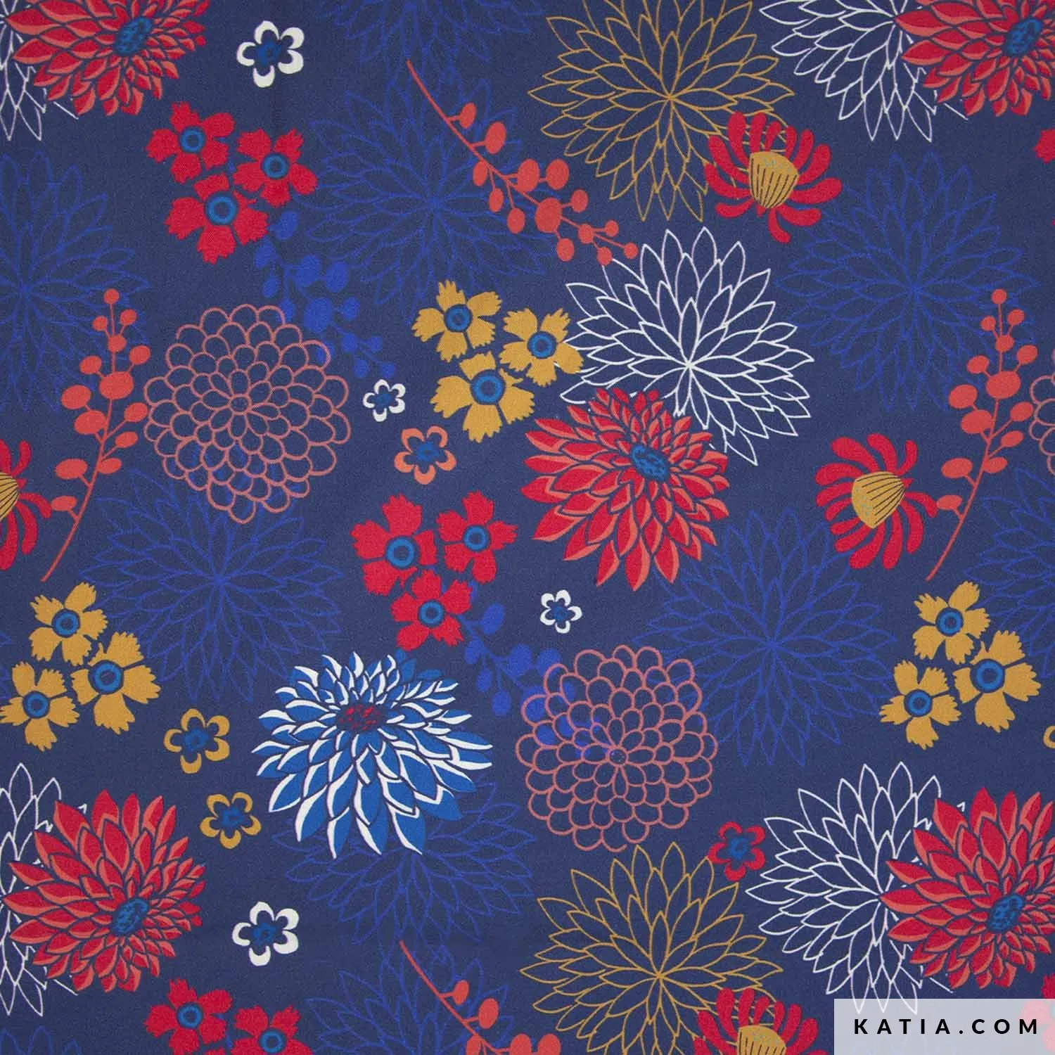 Popeline blauw met bloemen - Katia