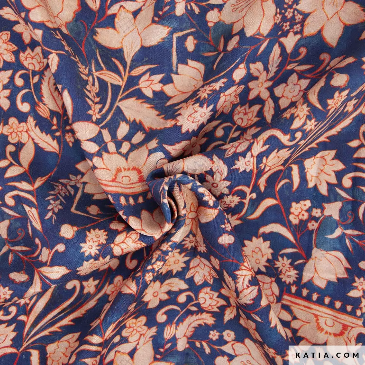 Rayon satijn blauw met bloemen - Katia