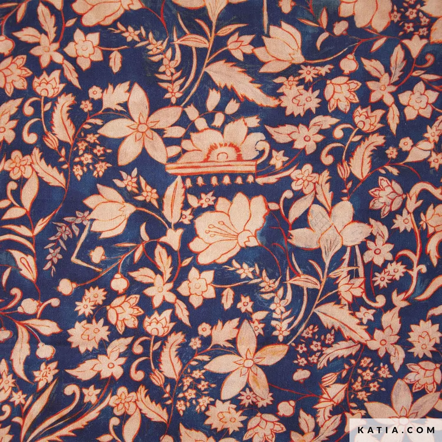 Rayon satijn blauw met bloemen - Katia