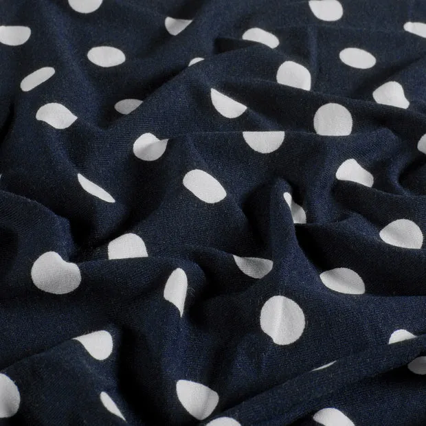 Viscosetricot donkerblauw met polka dots