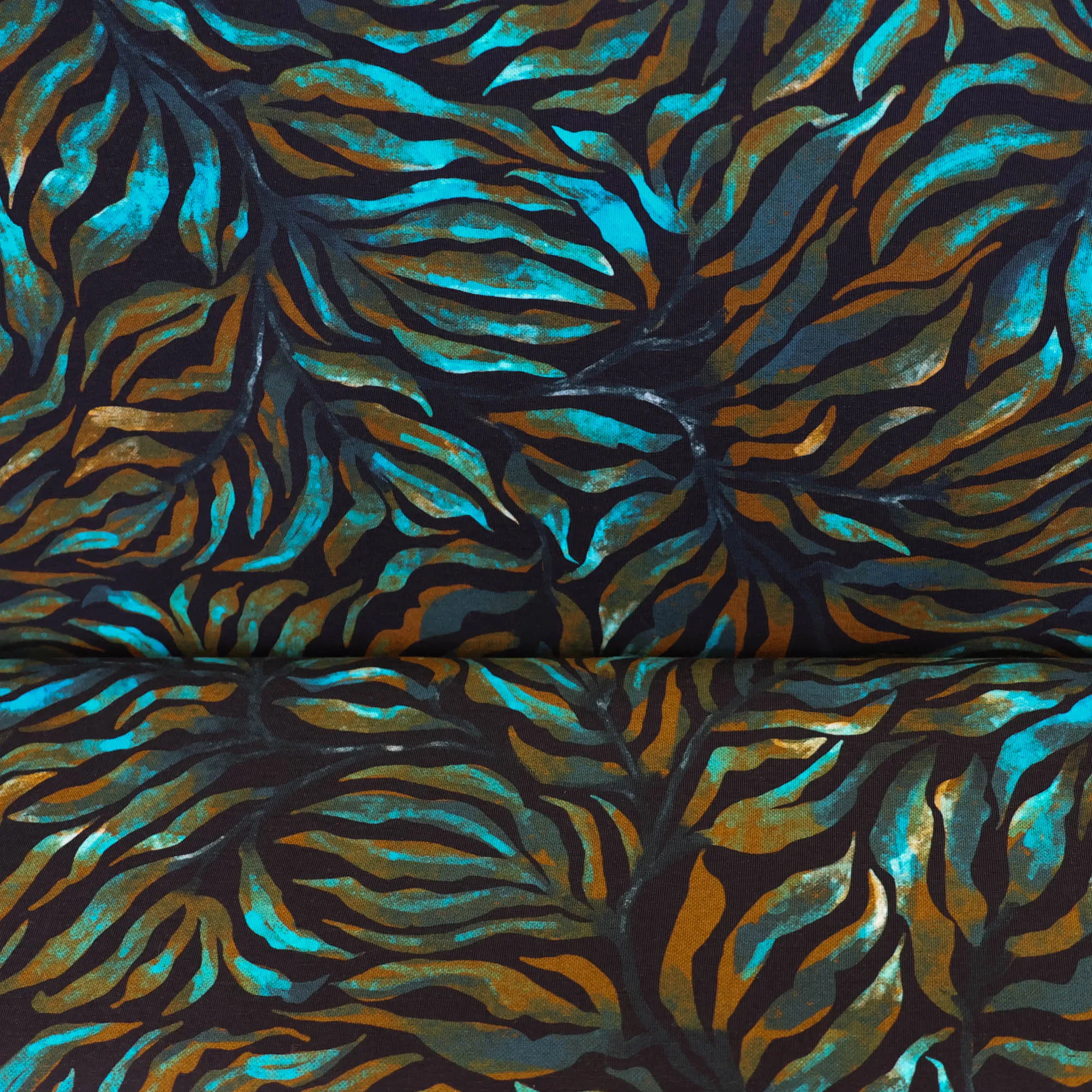 Katoen tricot bladeren, zwart/turquoise