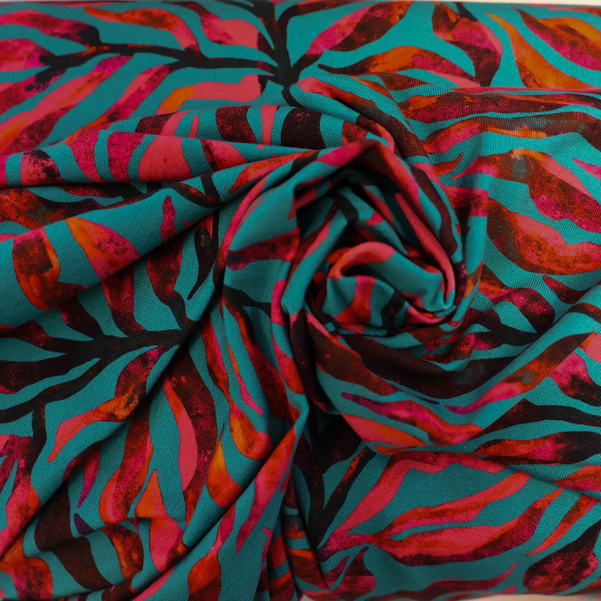 Katoen tricot bladeren, turquoise/fuschia