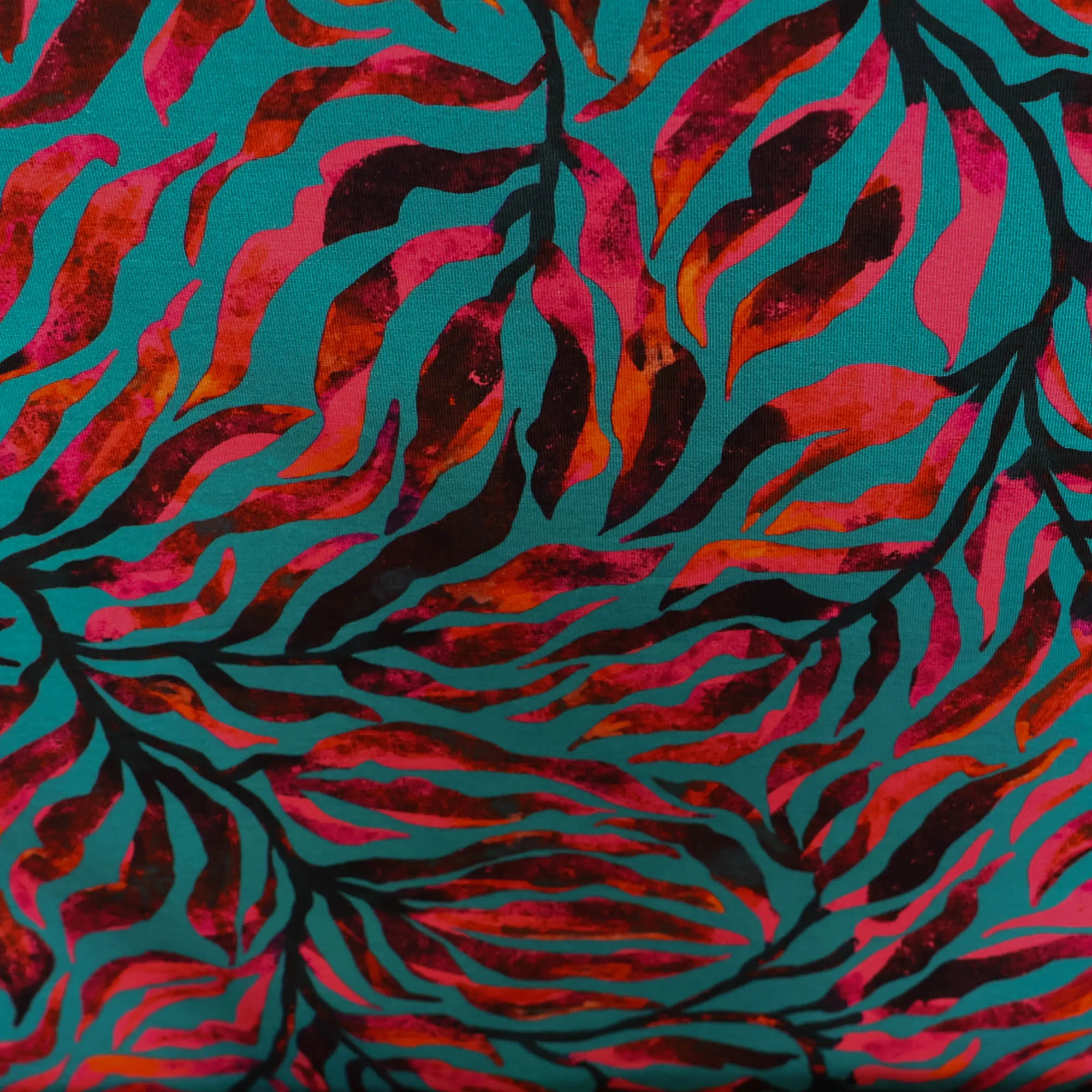 Katoen tricot bladeren, turquoise/fuschia