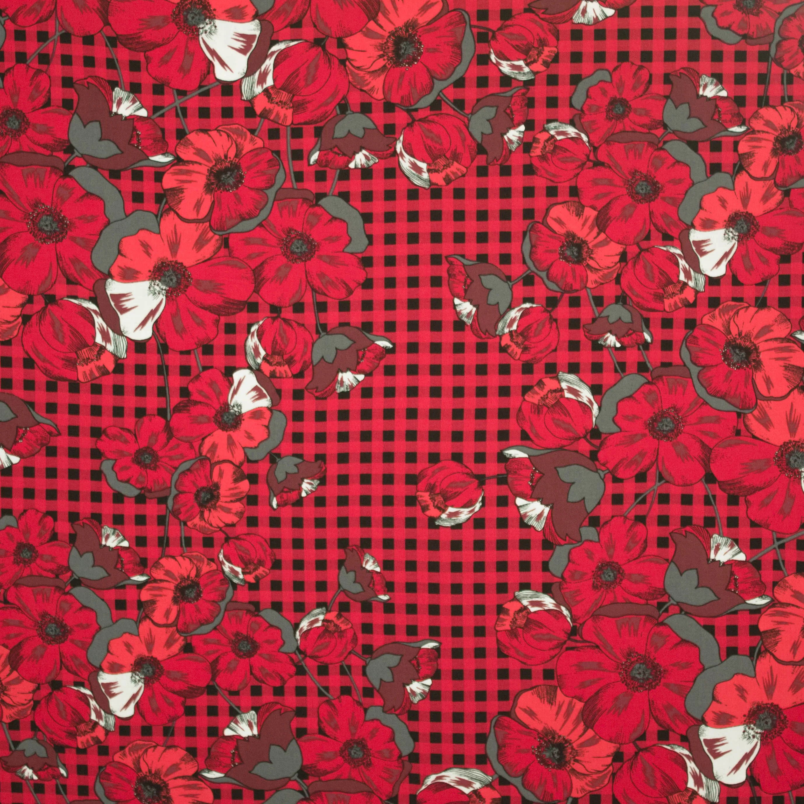 Zwarte viscose met rood ruit-en bloemmotief