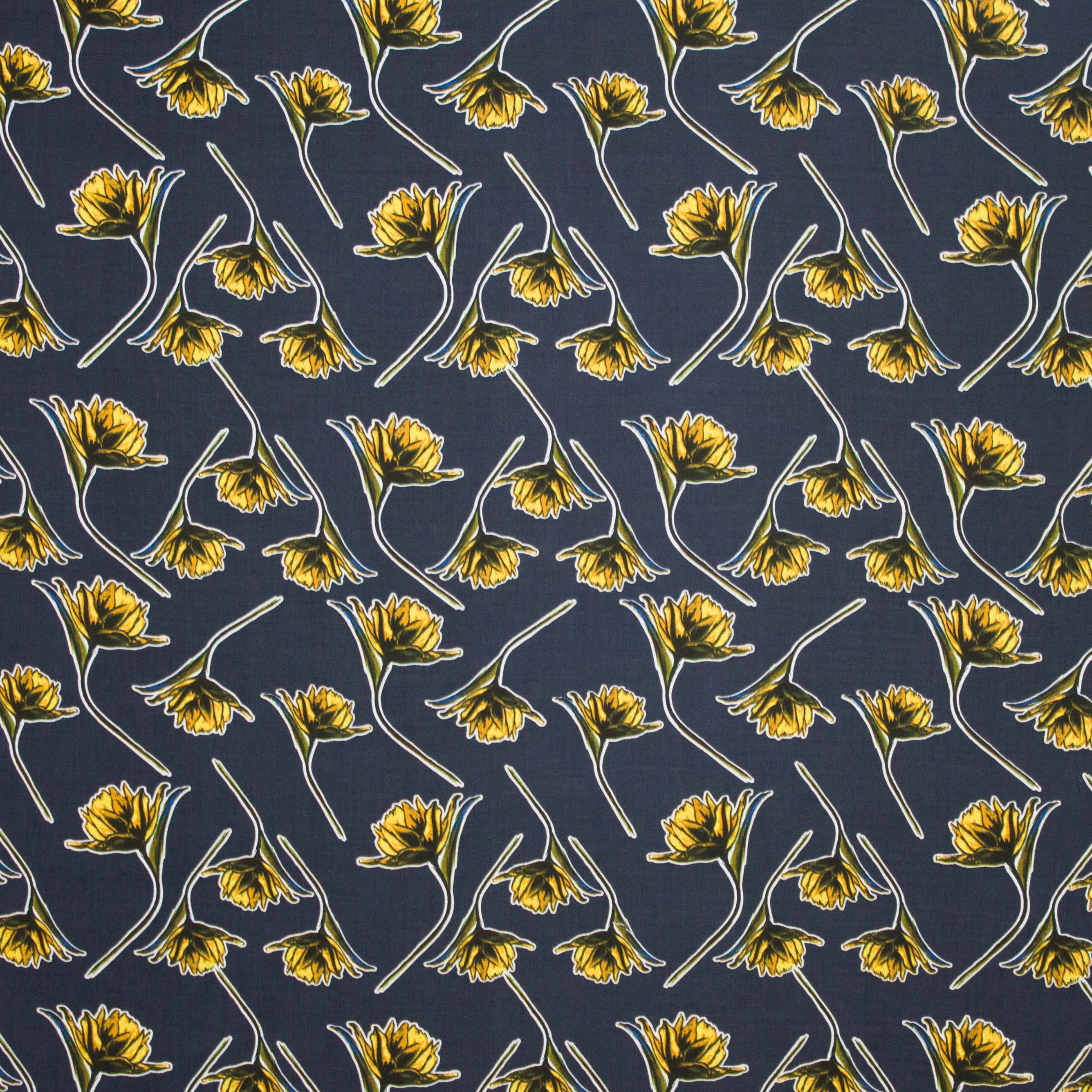 Donkerblauwe viscose met geel bloemmotief