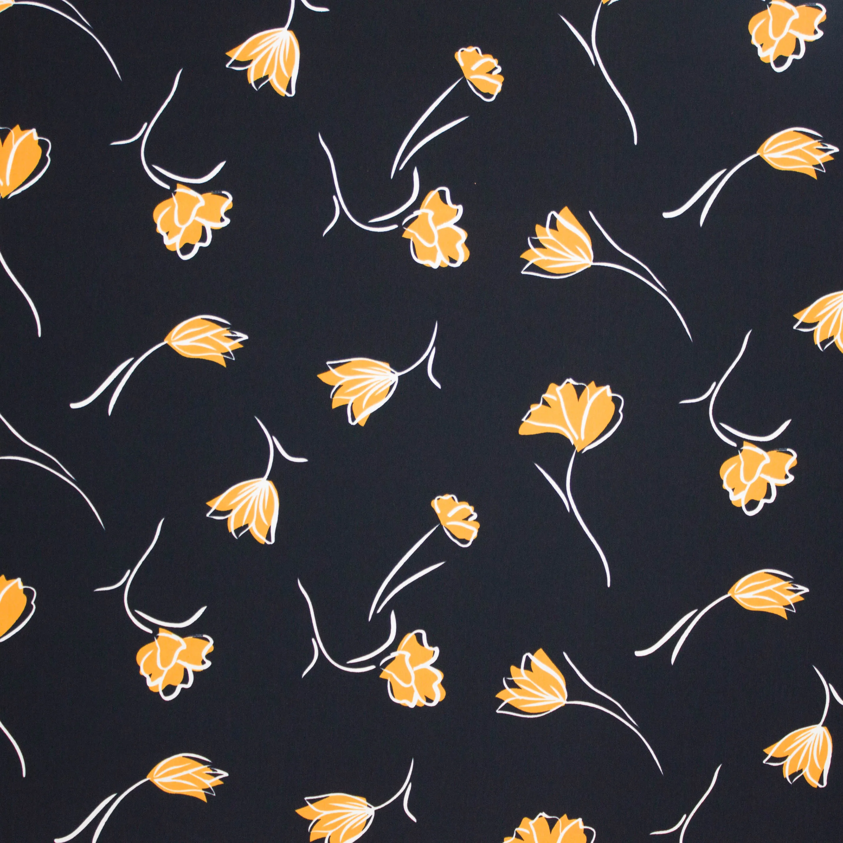 Donkerblauwe polyester met oker bloemenmotief