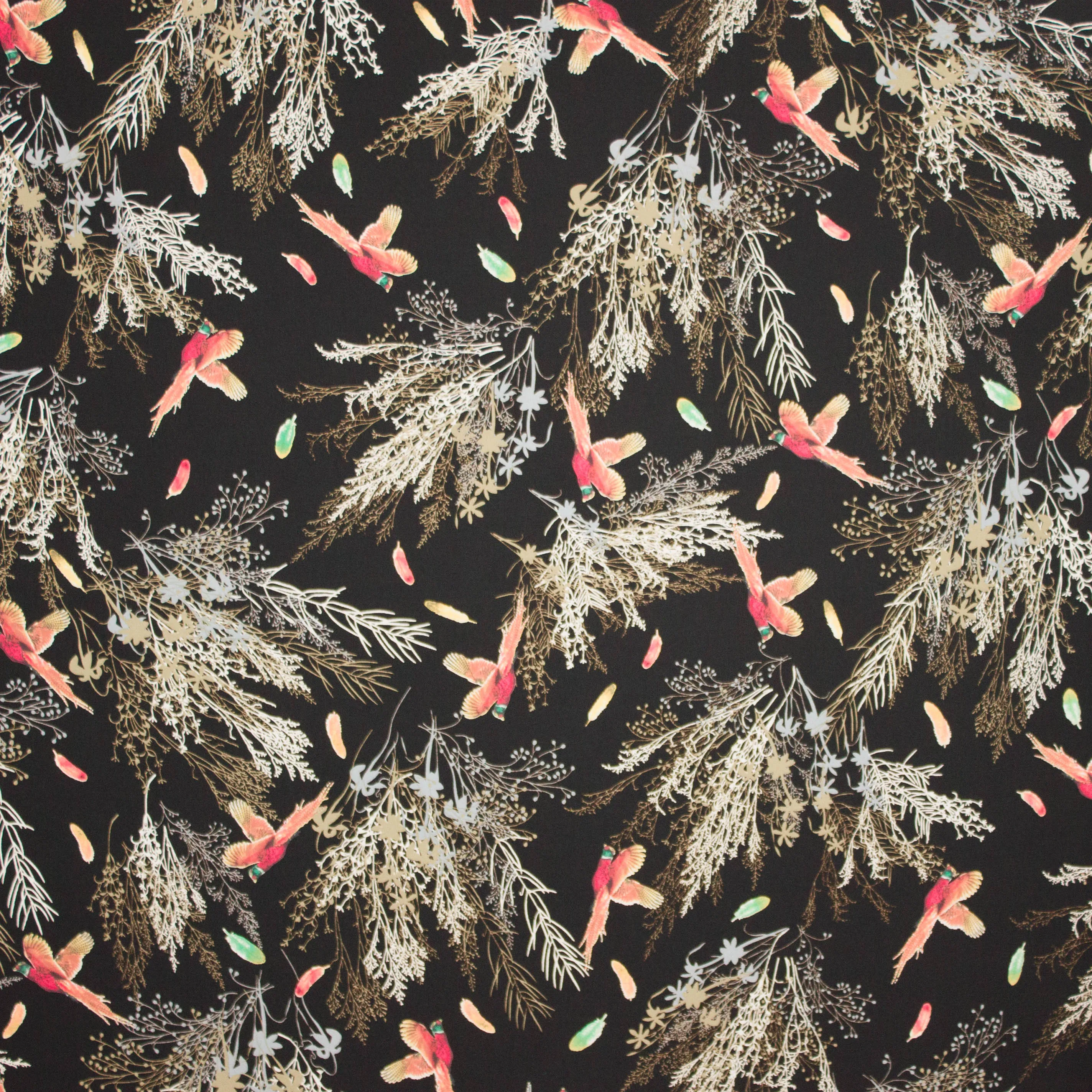 Zwarte polyester met vogels en takken