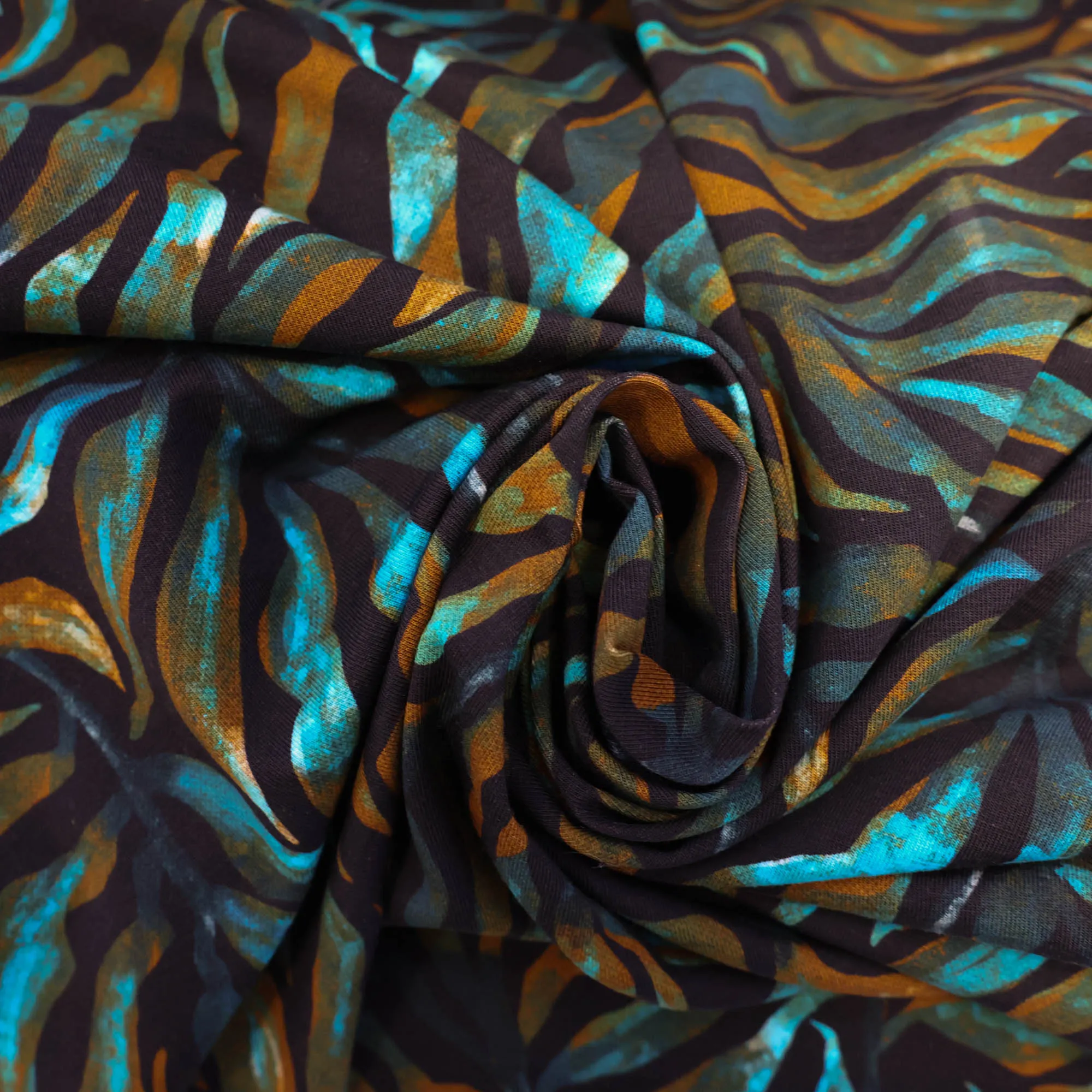 Katoen tricot bladeren, zwart/turquoise