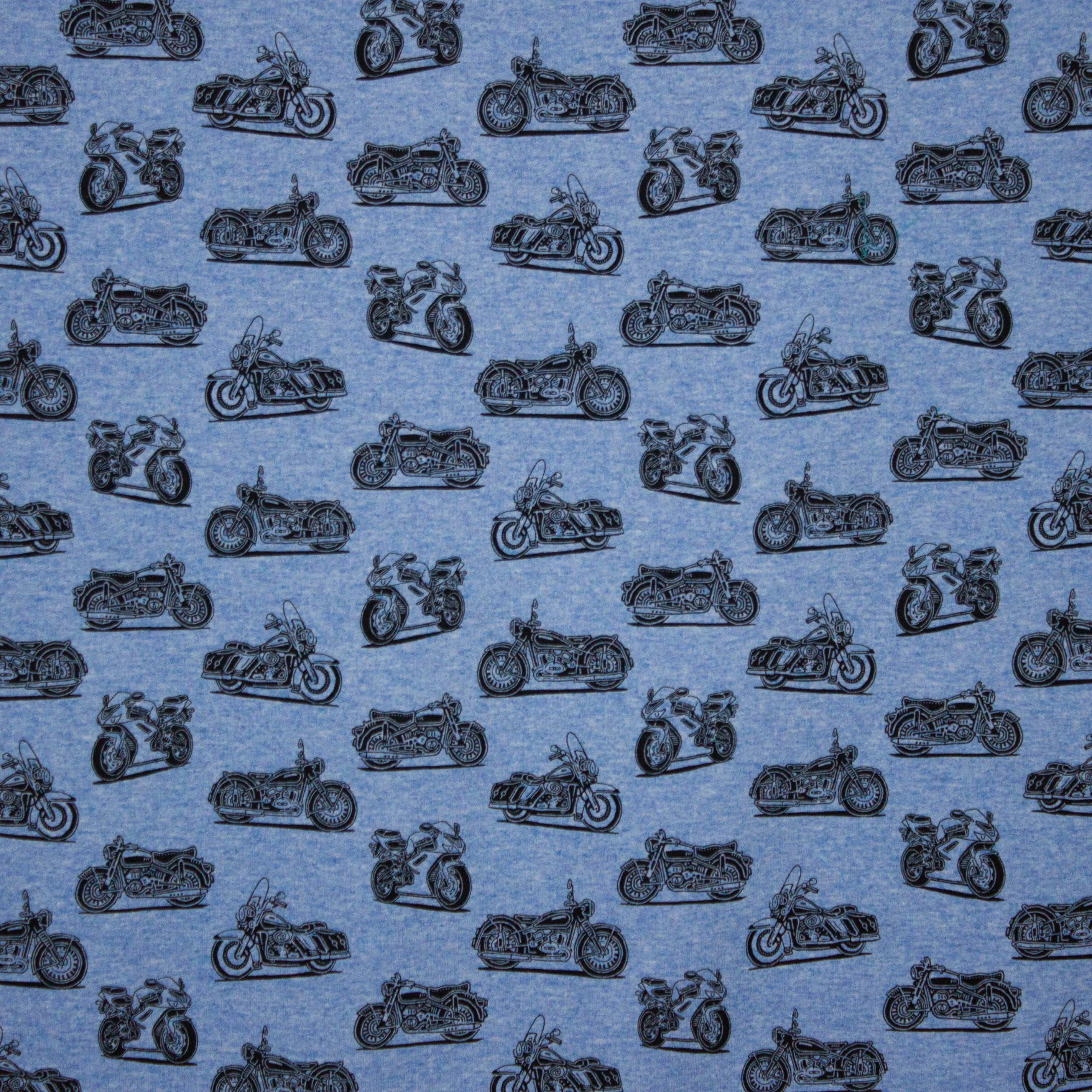french terry in lichtblauw met moto motief