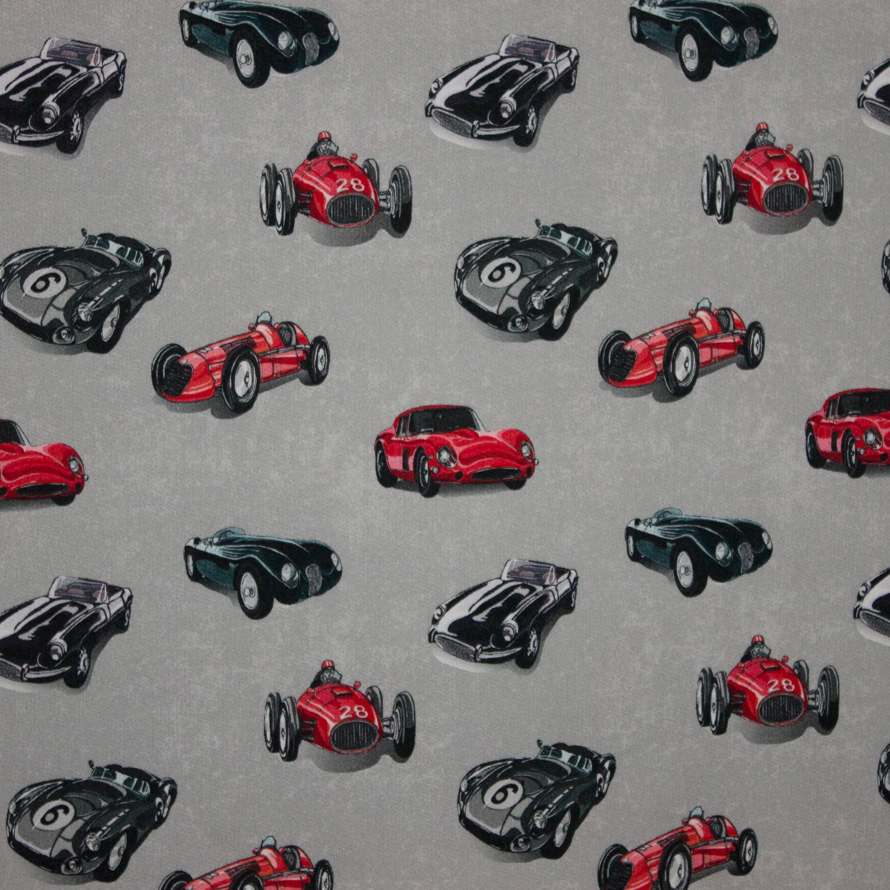 Zachte sweaterstof in licht grijs met stoere auto's