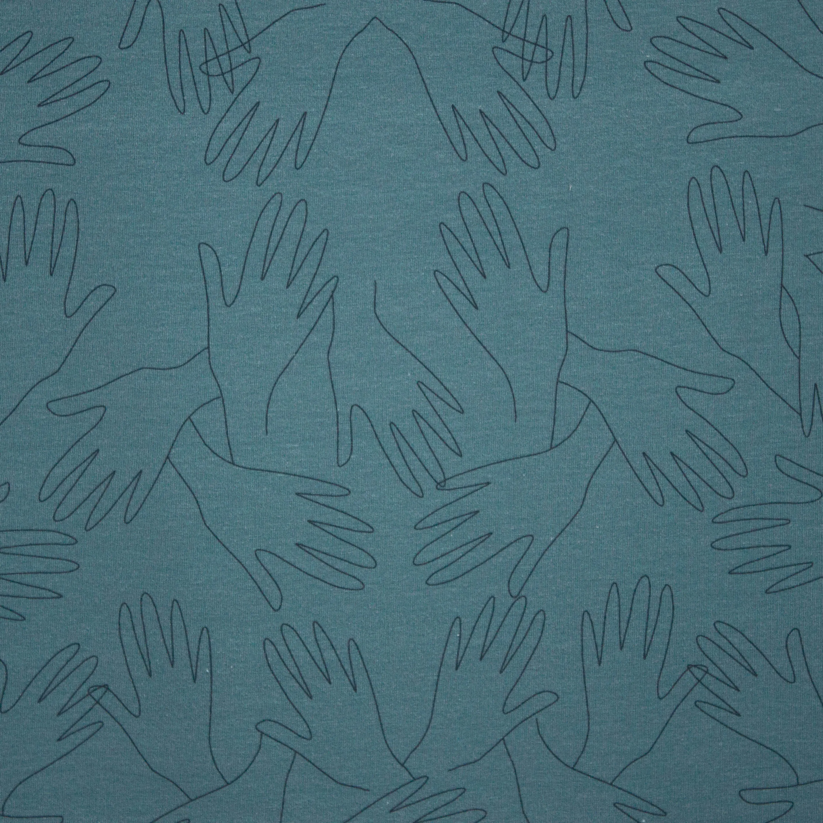 French terry in blauw met handen van Lotte Martens
